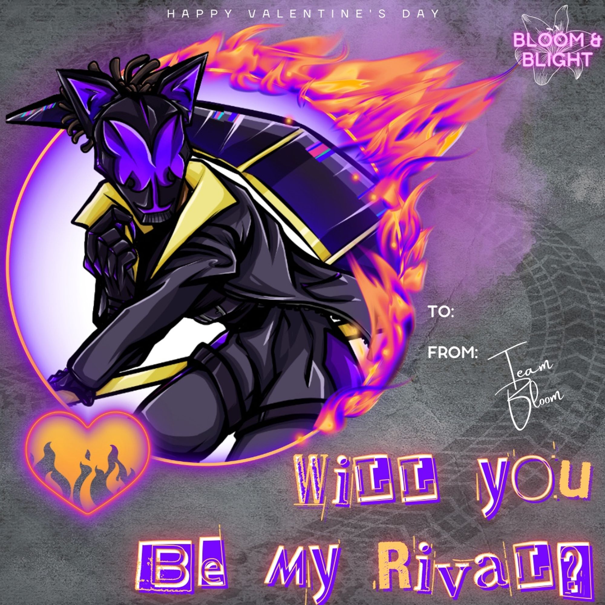 Valentine featuring Wolfsbane, wearing black, yellow, and purple biker gear, a wolf-ish helmet covering his face, and short locs. He’s surrounded in pink, purple, and orange flames, and mismatched text reads “Will you be my rival?”