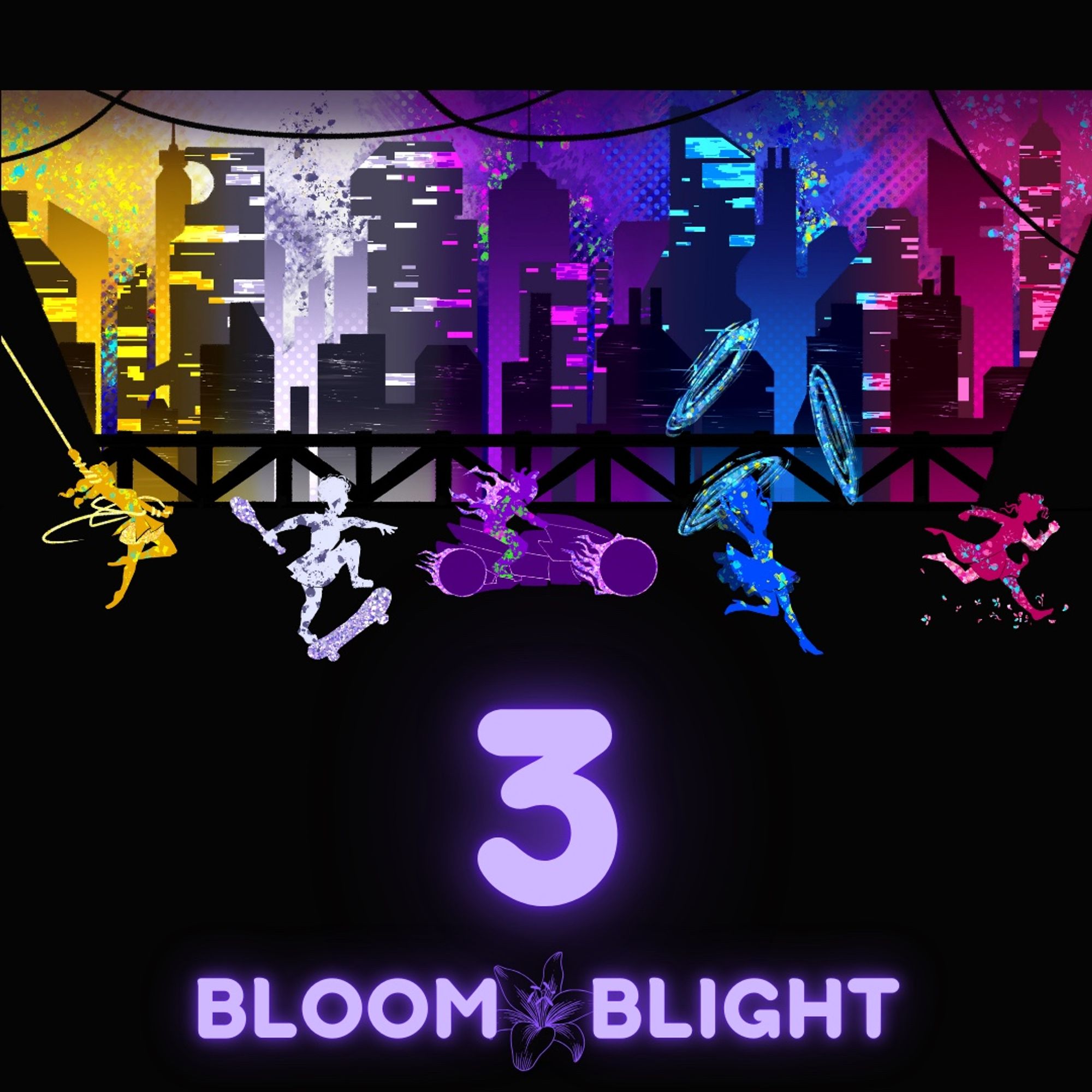 Countdown image for the Bloom&Blight season finale. Five figures are seen racing across the black silouhette of a bridge, each in a different colour. From left to right, Daffodil is in yellow, swinging in on a rope; Belladonna is in white, skateboarding and holding a baseball bat; Wolfsbane is in purple, riding his flaming motorcycle; Larkspur is in blue, leaping from a portal; and Lily is in pink, running and kicking up flower petals.

Below the image, the number 3 is glowing in purple. The logo for Bloom&Blight is in purple below.