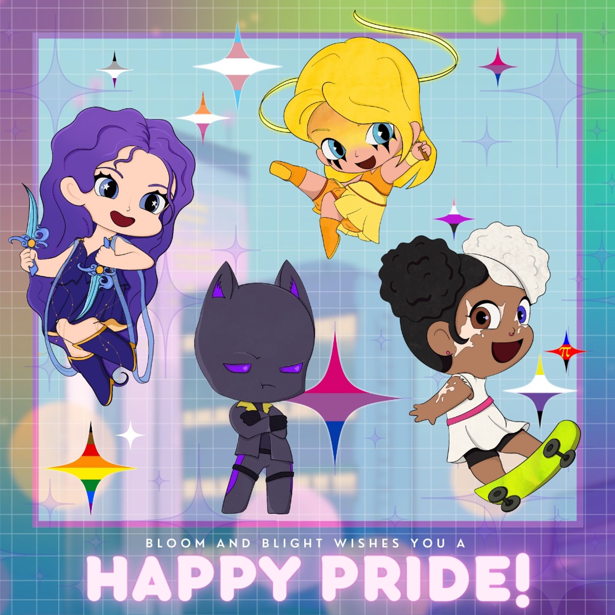 Chibi pride art of Team Bloom. The four current members of Bloom (Larkspur, Daffodil, Wolfsbane, and Belladonna) are surrounded by sparkles in various pride flag designs. The classic anime city skyline is blurred in the background, overlayed by a rainbow gradient, and text at the bottom reads: “Bloom and Blight wishes you a happy pride!”