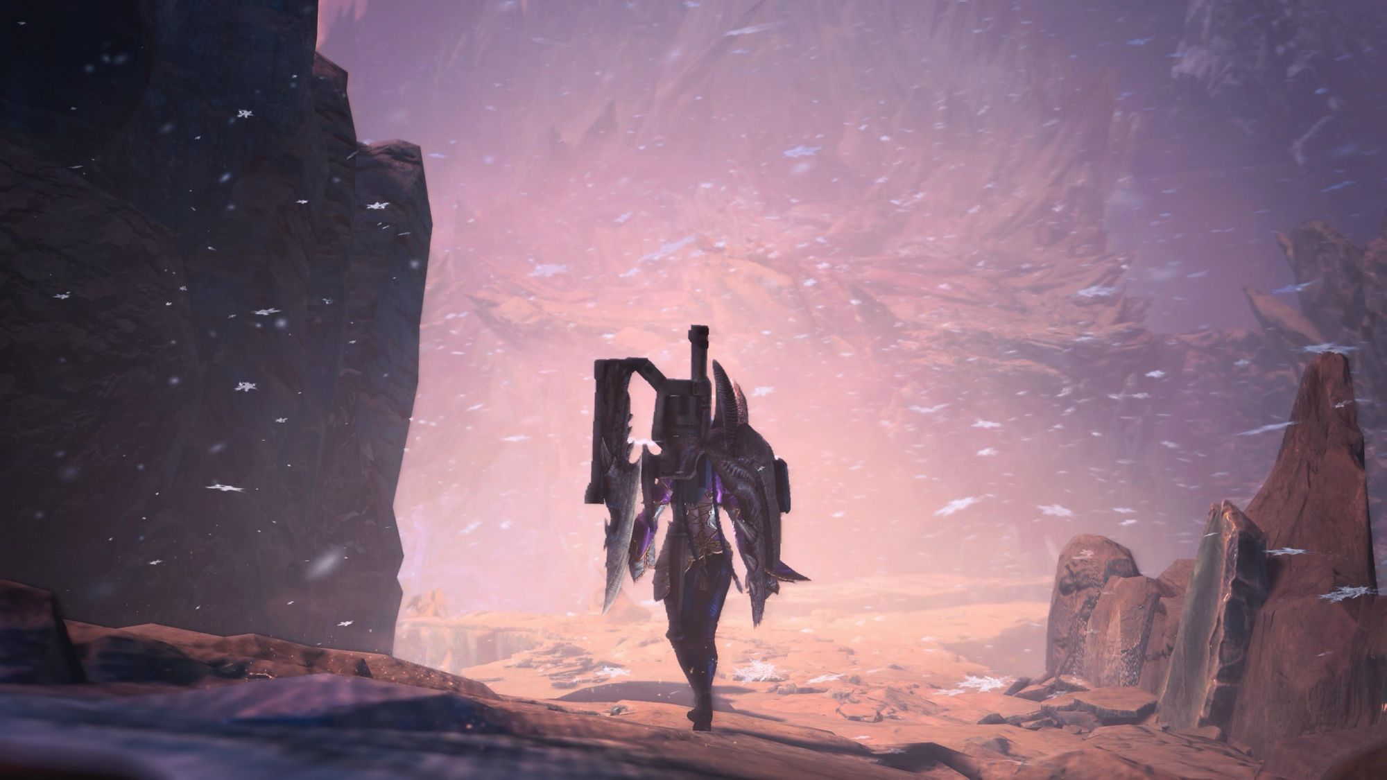 A monster hunter with a gunlance strapped to their back walking away from the camera into blustery weather with low light at the gloaming in the Hoarfrost Reach. Captured in Monster Hunter World on PlayStation 5.