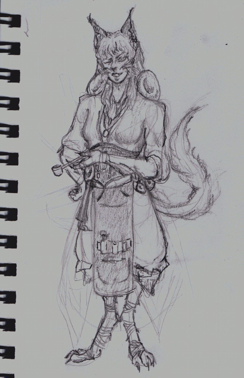 Sketch of Pata. She usually wear simple clothes like a blouse and knee length trousers, with an apron. She also likes jewelry and trinkets. She smokes. A LOT.