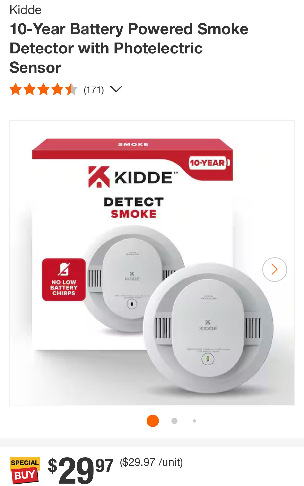 Kidde smoke detector packaging with “No low battery chirps” on the box. (Home Depot $29.97)