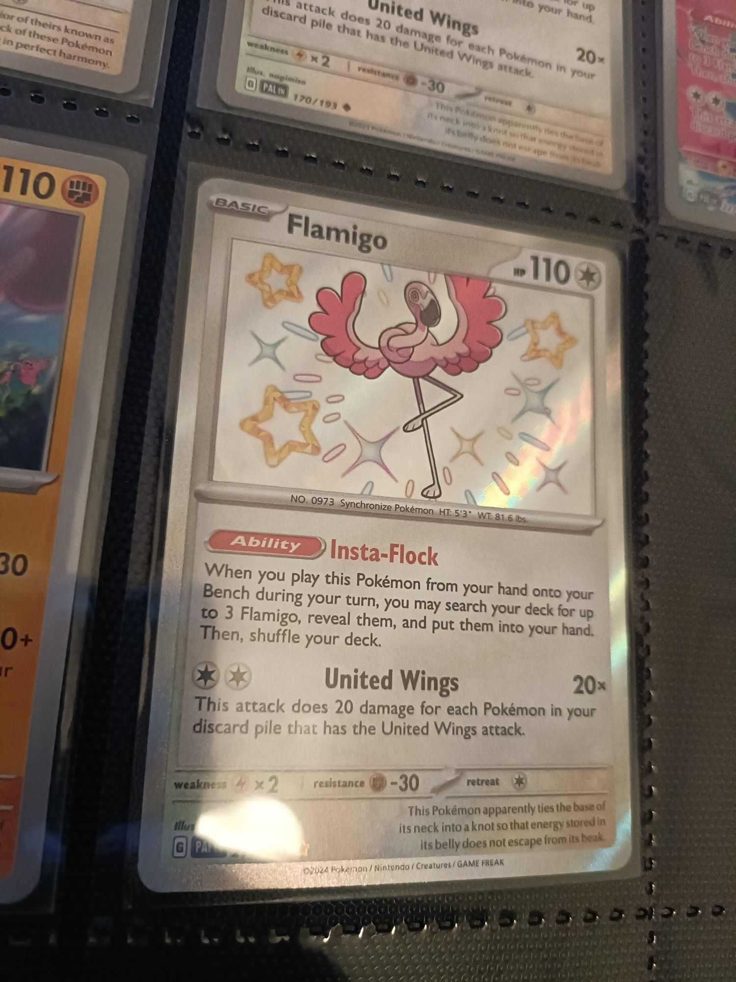 A Pokemon Card featuring a shiny Flamigo