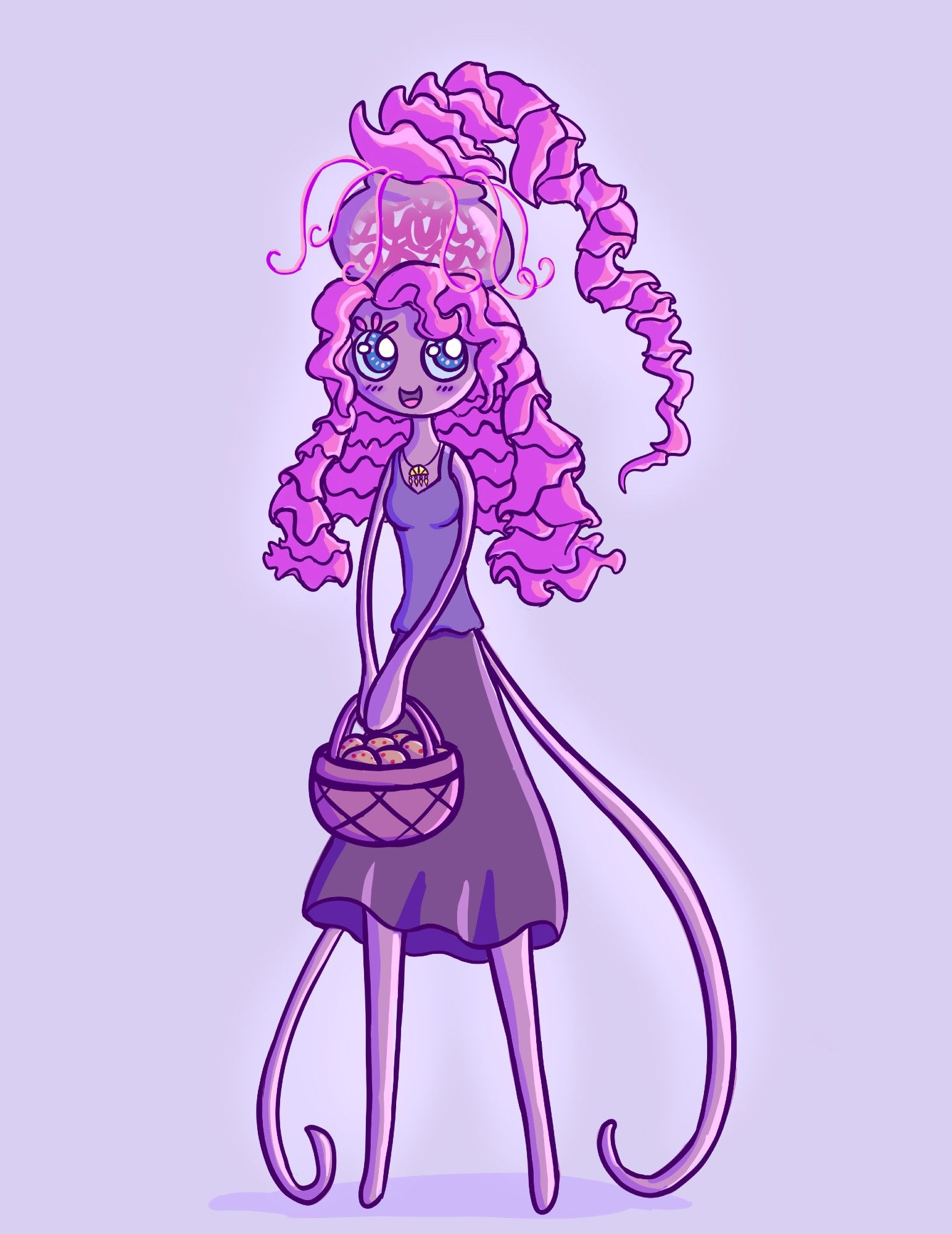 Melusine's sister, Dhelia. She's also a very tall, slender jellyfish person. She has much more ruffled hair than Melusine, and there's an additional "ponytail" of tendrils coming from the jellyfish dome on her head. She's has a matching necklace to the one melusine has, and wears a tanktop and long skirt. She's holding a basket full of muffins which she baked.