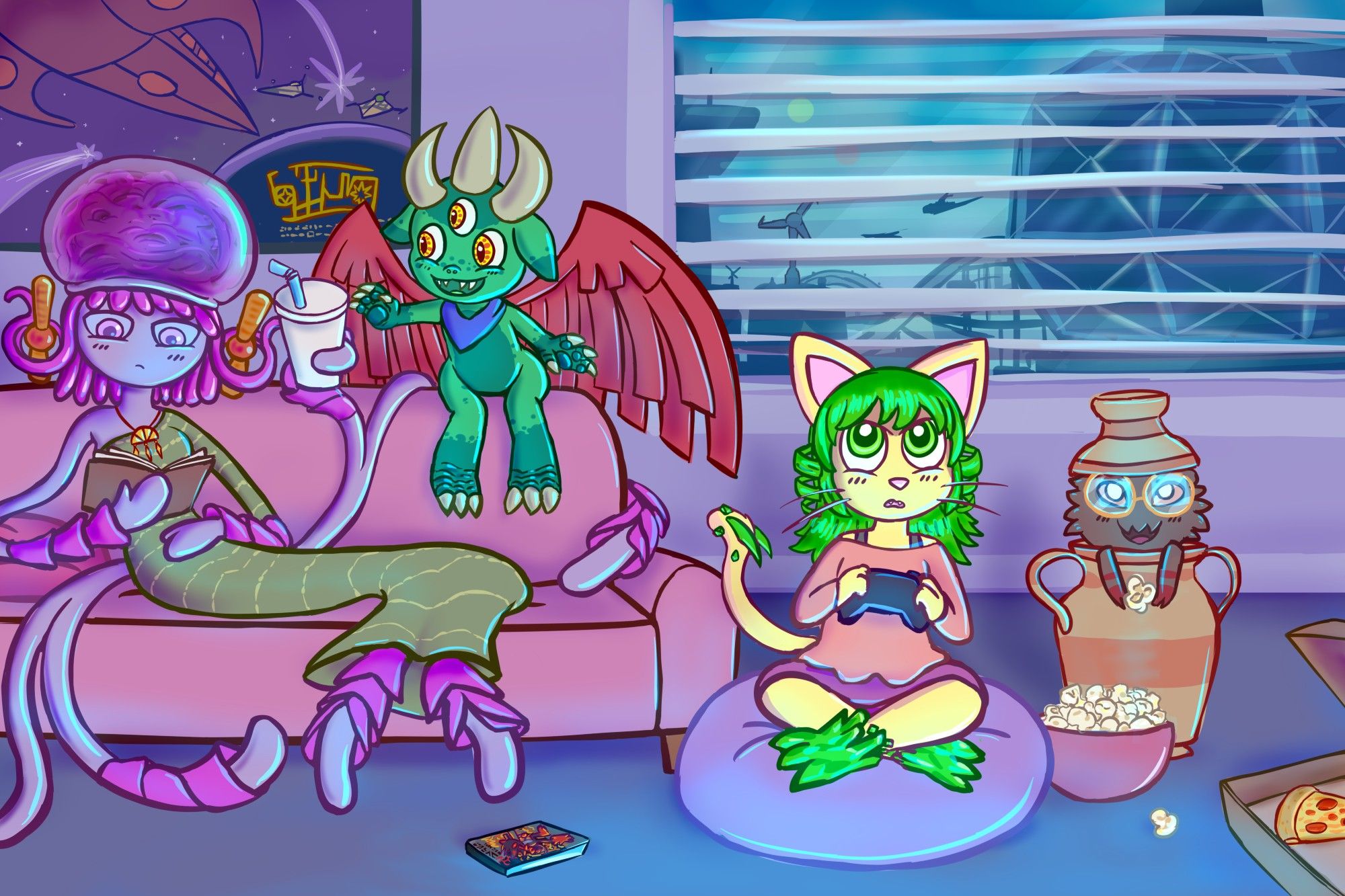 Boki and several of her friends are hanging out at her place. Boki's sitting on a beanbag and playing a singleplayer videogame. She looks focused, and maybe slightly annoyed. Pyx is watching from inside a nearby jar, while eating popcorn one kernel at a time with their little spider hands. Melusine is on the couch, but is paying more attention to a book she's reading. Talmyr sits up on the back of the couch, and is reaching to grab a soda out of one of Melusine's tendrils. On the floor, there's an open pizza box with a mostly-eaten pizza inside, and there's a video game box with a cover that vaguely resembles Shadow the Hedgehog. In the background, there's a poster on the wall for "Anvei", which is an in-universe media series that started as a space shooter game. The city outside can also be seen through a partially-open window. The skies are turquoise, and the tops of nearby buildings are visible because this room is on a high floor.