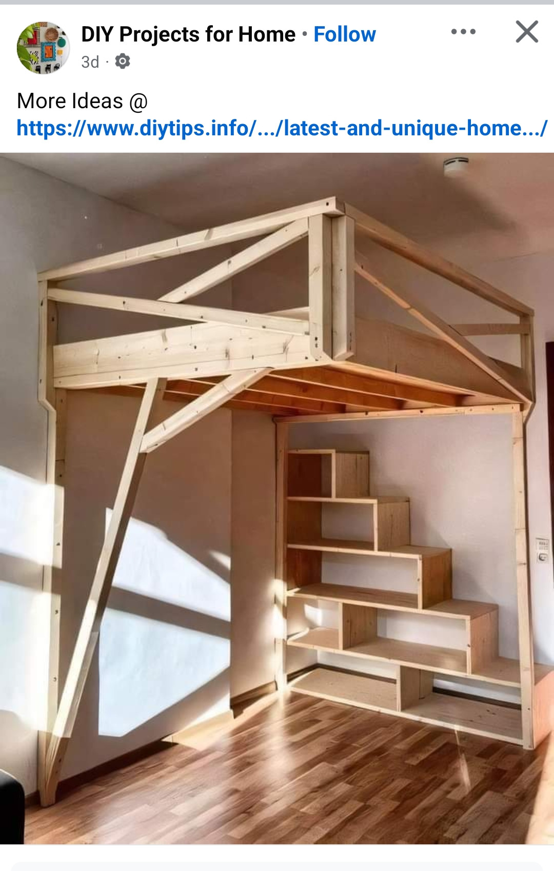 A Facebook post with an ai-generated image of a wooden loft bed and stair step shelves that almost certainly wouldn't be able to support its own weight, let alone the weight of a person