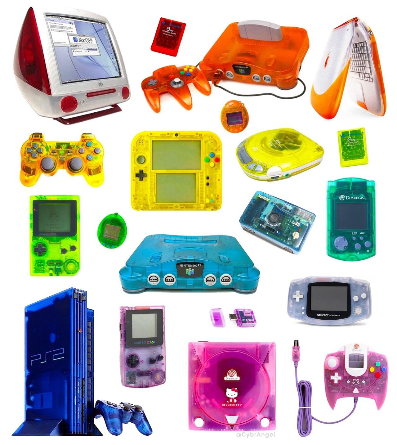 A variety of electronics from the late 90s to early 00s with translucent colored plastic cases