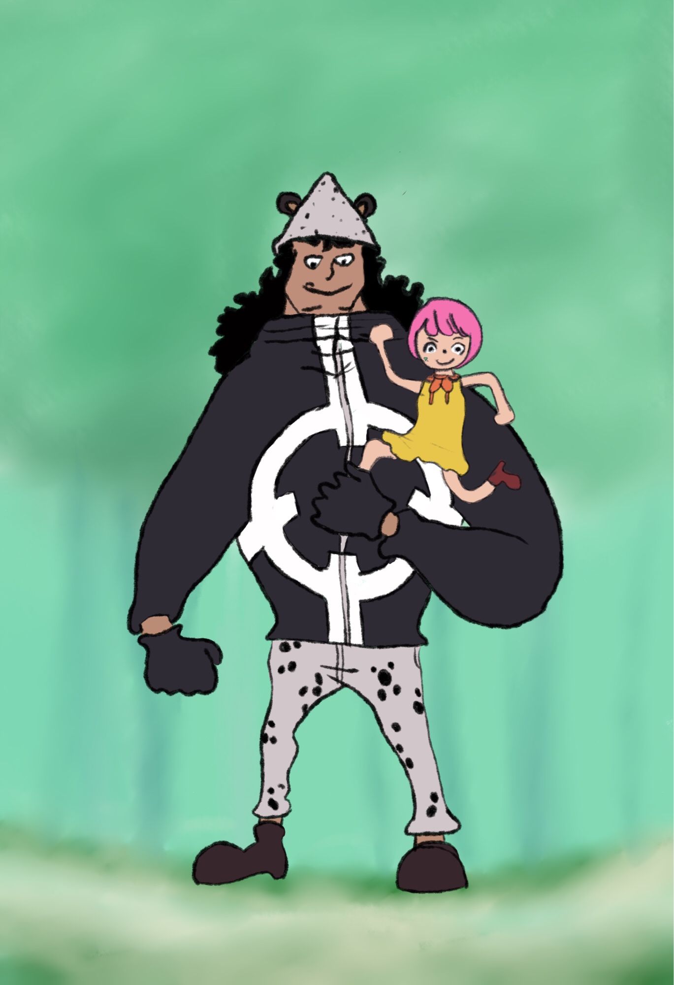 Kuma segurando sua filha bonney enquanto ela está na famosa pose de nika