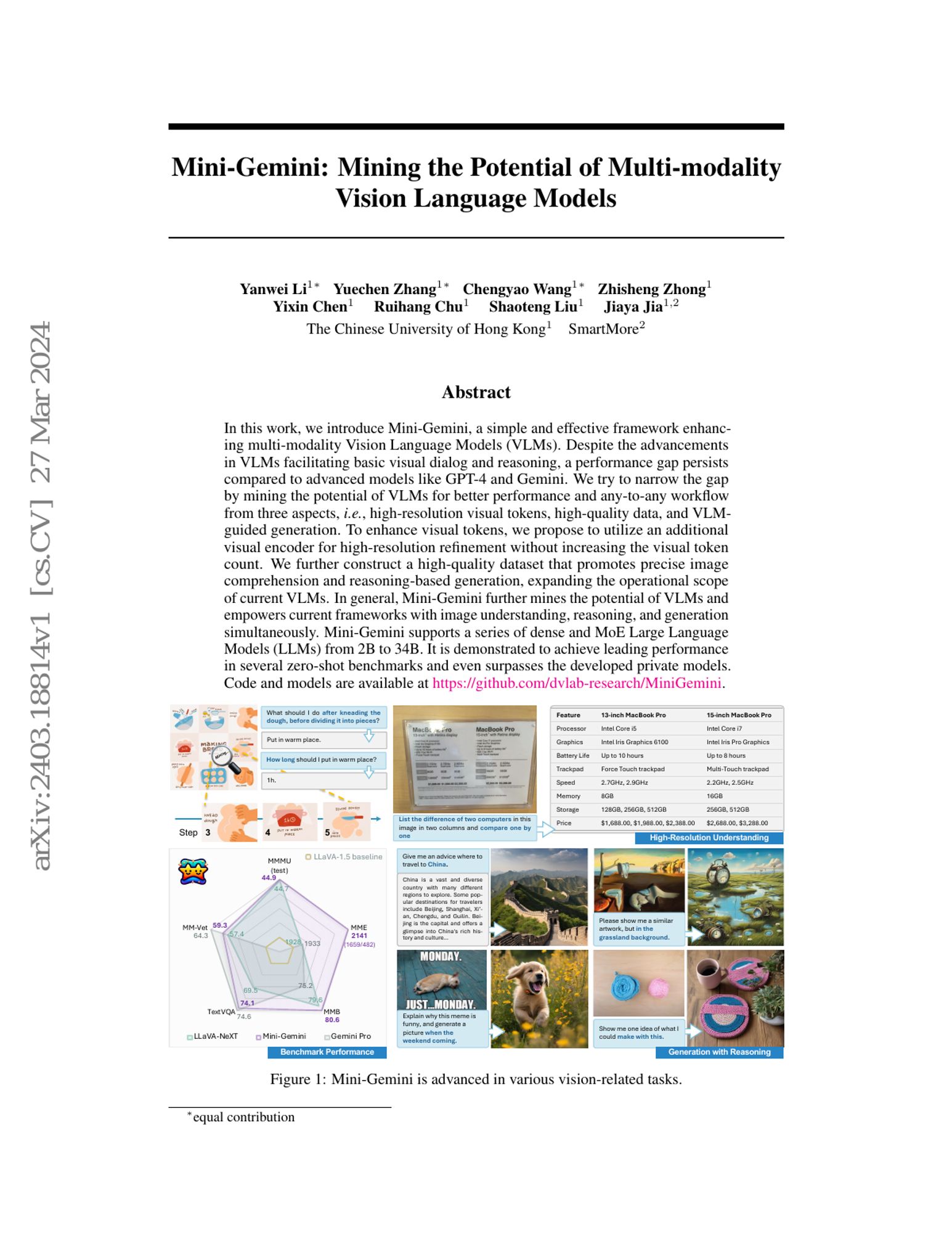 In this work, we introduce Mini-Gemini, a simple and effective framework enhancing multi-modality Vision Language Models (VLMs).  Despite the advancements in VLMs facilitating basic visual dialog and reasoning, a performance gap persists compared to advanced models like GPT-4 and Gemini.  We try ...