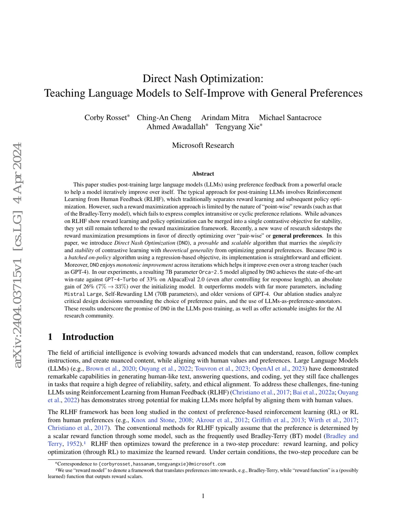 This paper studies post-training large language models (LLMs) using preference feedback from a powerful oracle to help a model iteratively improve over itself.  The typical approach for post-training LLMs involves Reinforcement Learning from Human Feedback (RLHF), which traditionally separates re...