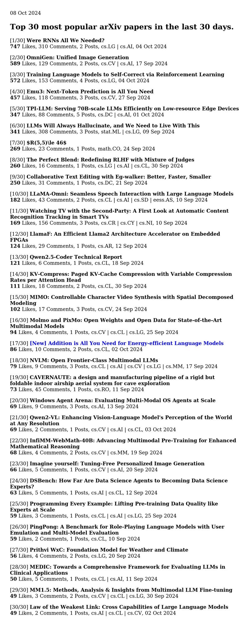 1/30 https://arxiv.org/abs/2410.01201
2/30 https://arxiv.org/abs/2409.11340
3/30 https://arxiv.org/abs/2409.12917
4/30 https://arxiv.org/abs/2409.18869
5/30 https://arxiv.org/abs/2410.00531
6/30 https://arxiv.org/abs/2409.05746
7/30 https://arxiv.org/abs/2409.15709
8/30 https://arxiv.org/abs/2409...