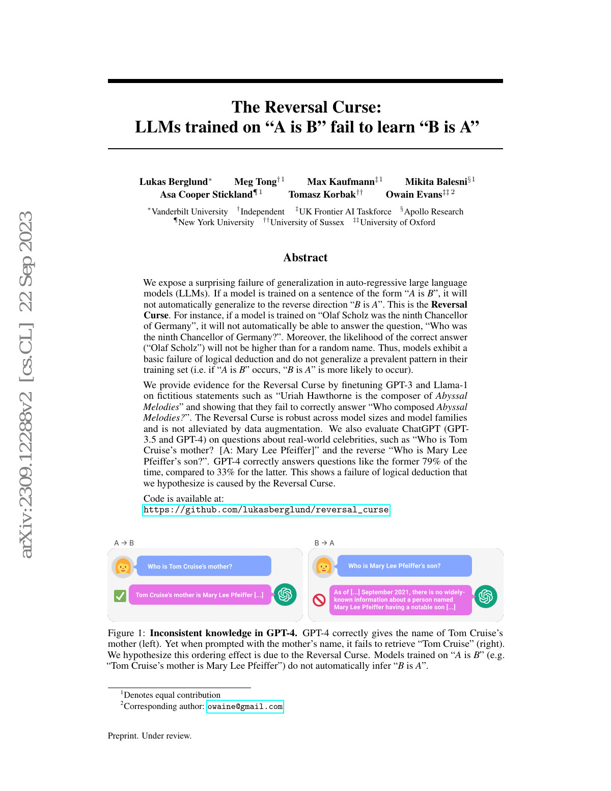 We expose a surprising failure of generalization in auto-regressive large language models (LLMs).  If a model is trained on a sentence of the form "A is B", it will not automatically generalize to the reverse direction "B is A".  This is the Reversal Curse.  For instance, if a model is trained on...