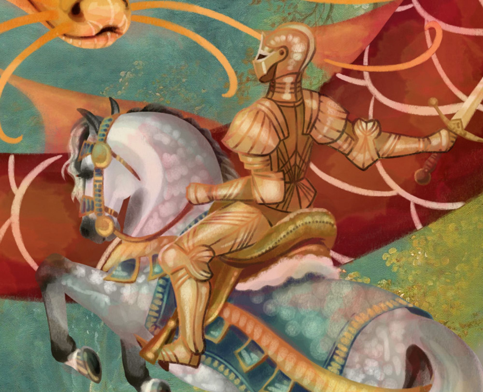 Painted fantasy illustration of a knight in golden armour riding a dappled grey horse, who is rearing to meet a red and gold dragon that's been cropped out. They are against a dreamy, romantic background of painted trees and sky.