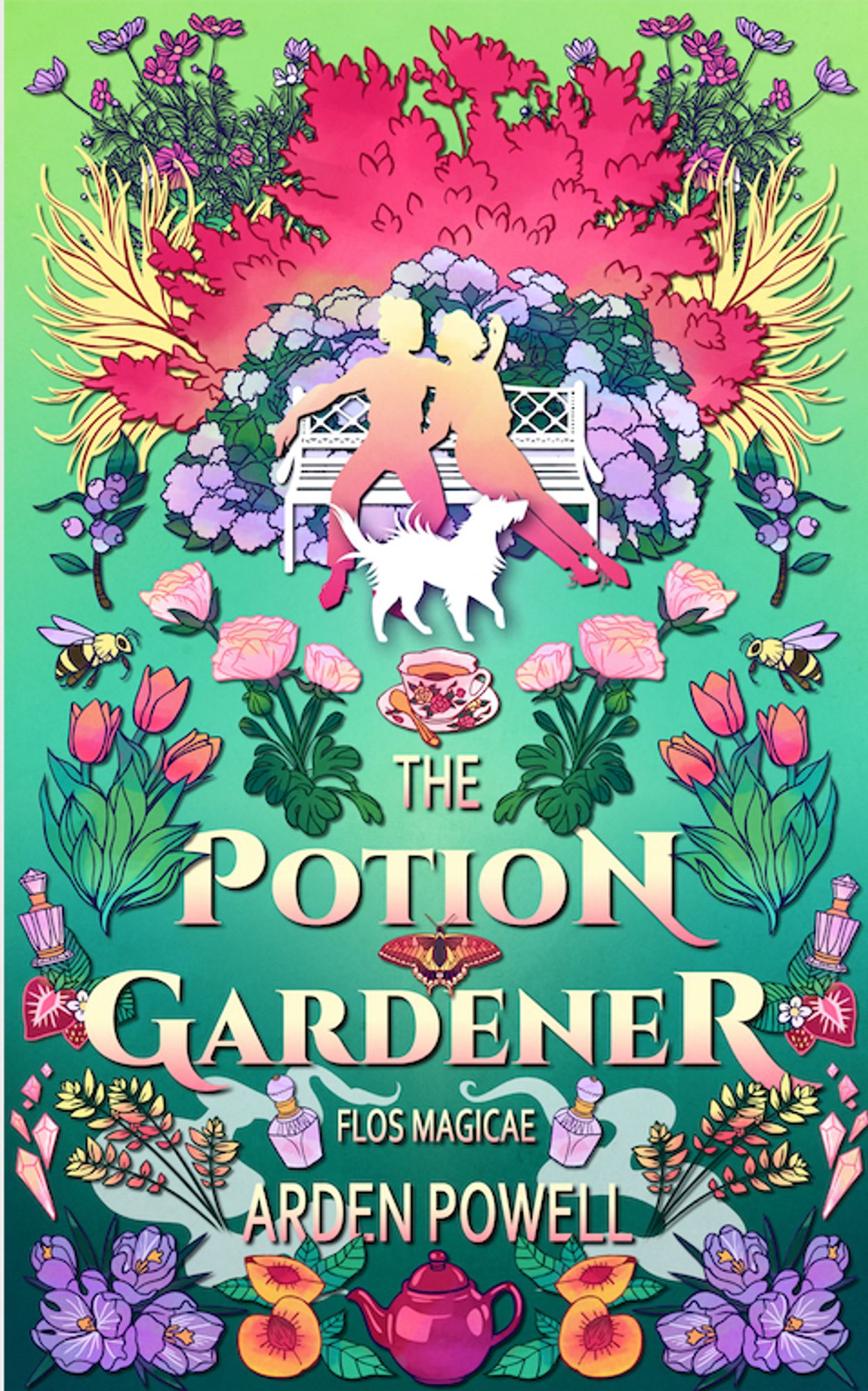 Illustrated cover art for The Potion Gardener in the Flos Magicae series by Arden Powell. A romantic couple on a park bench with a scruffy little dog, all in silhouette, sit in front of colourful flower bushes. Different clusters of flowers surround the title, with bees, potion vials, and crystal points. There is also a classic English teacup and teapot. The design is symmetrical, on a green gradient background.