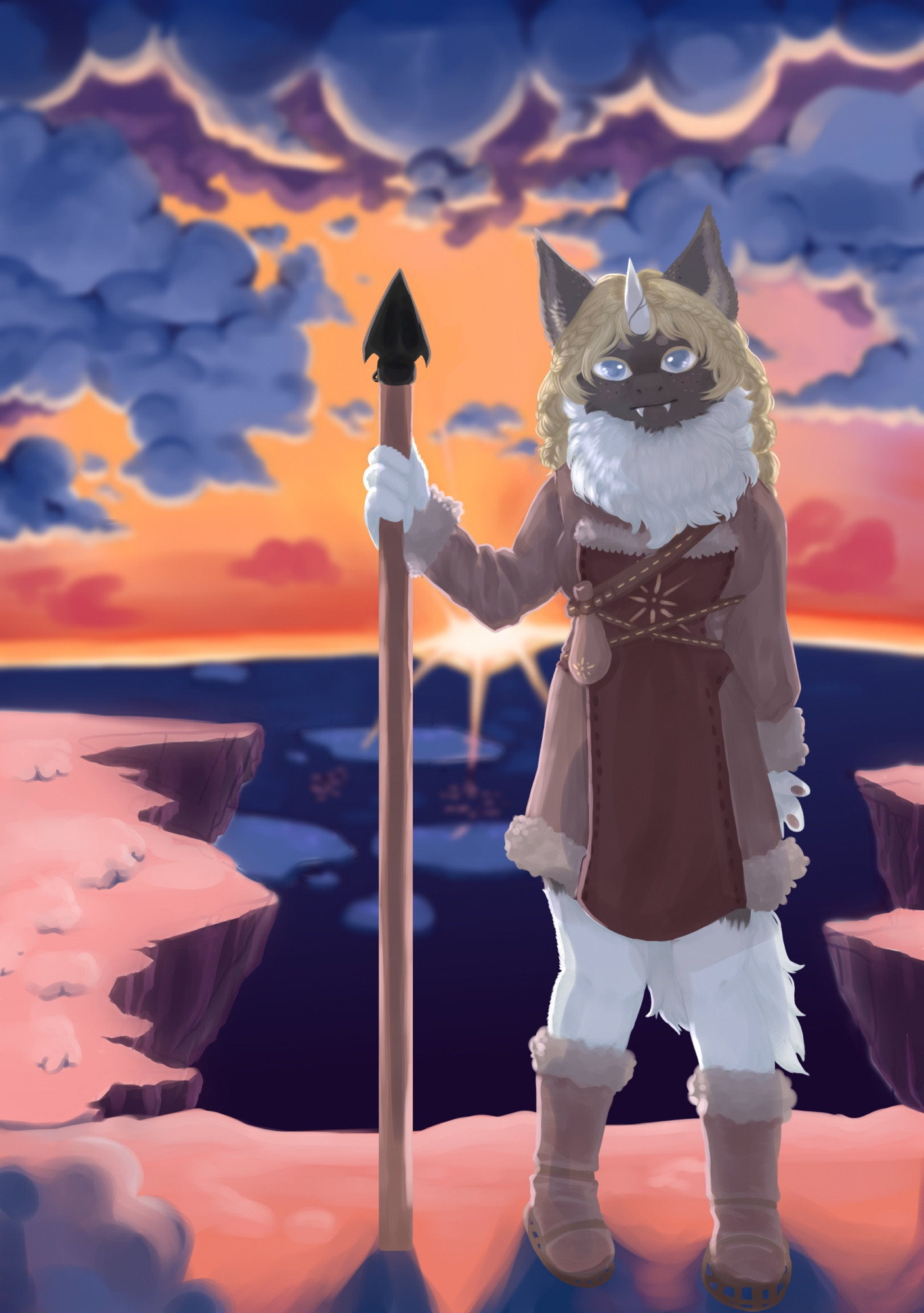 A fluffy female anthro character standing and facing the camera with a spear in her hand. She is standing on a snowy cliff overlooking the ocean. The sun is setting in the background, turning the snow shades of pink, blue, and blue. 