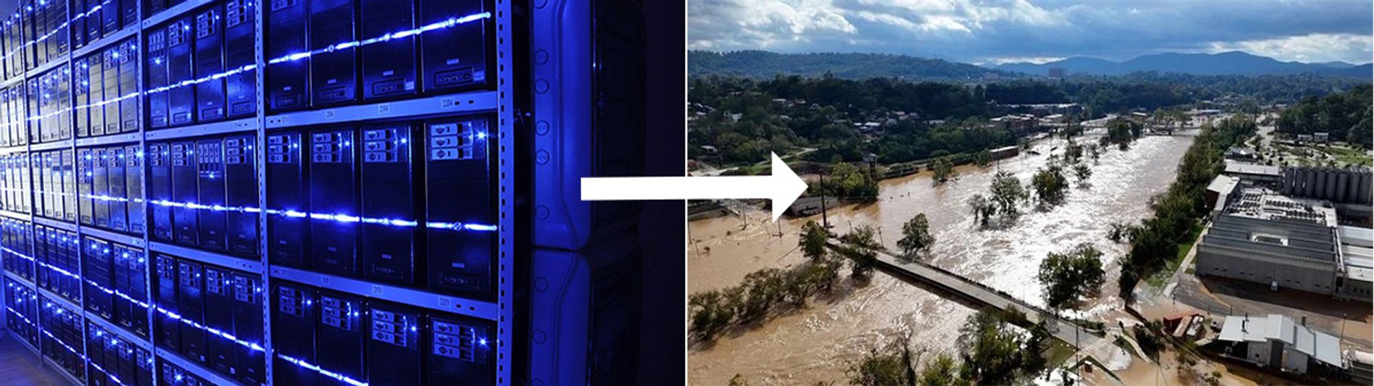 An illustration of the effects of growth in energy use in data center and the destructive power of climate change. Figure shows a blue-tinged data center and the flooded center of Asheville NC connected by a white arrow.