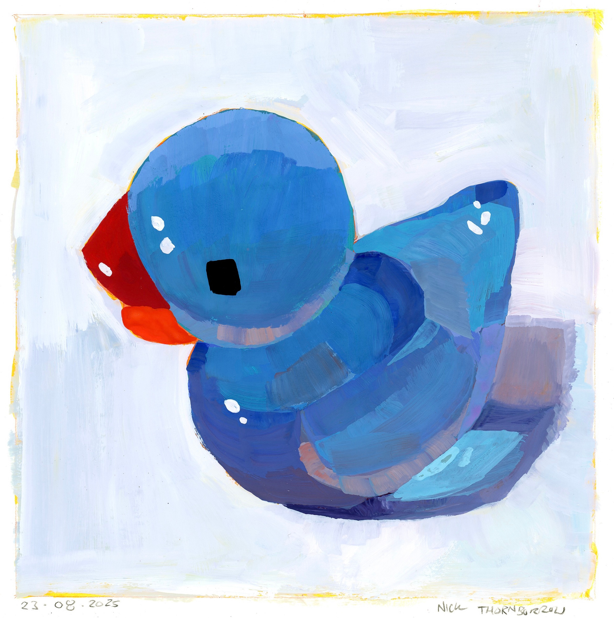 Painting of a translucent blue acrylic duck.