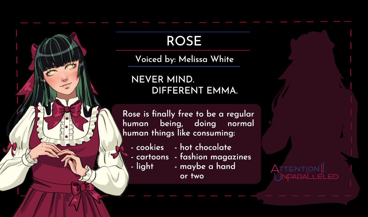 A character card for Rose from "Attention || Unparalleled".