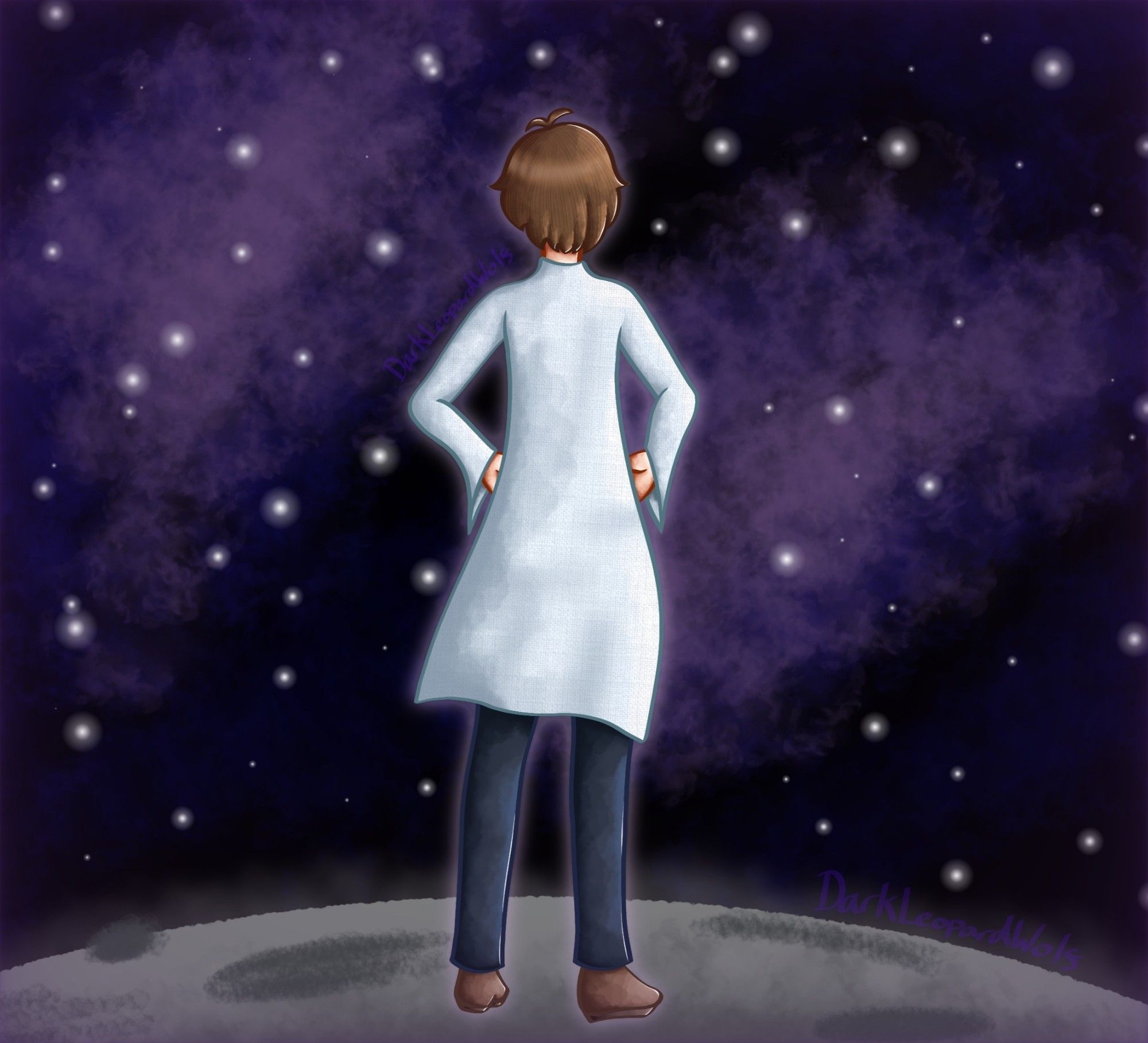 The top left of the 5 larger images in the first post. Itsuki from the yume nikki fangame "Someday". He is stood with his back to the viewer, looking thoughtfully into the distance in the Moon 2 world. He has the Lab Coat effect equipped.