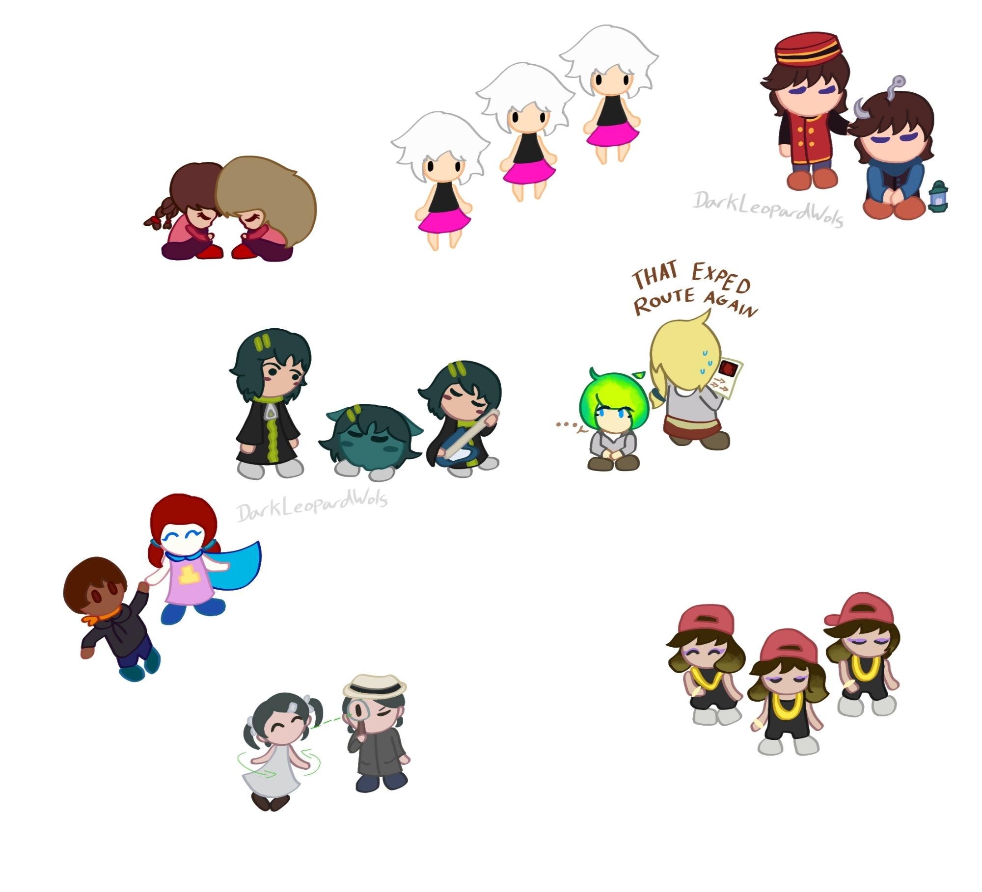 A collection of the smaller more chibi-like, less detailed illustrations which are dotted around the first post like stickers. Generally more game accurate proportions. Two Madotsukis, one default and one with blonde effect. 3 Mumas from the fangame Muma Rope. Two Irvings from the fangame Oversomnia, one with Bellhop effect and the other with Angler. Two Qiu Qins from the fangame Dream Genie. One with Green Firefly delusion (effect) and the other default holding a map which resembles the Yume Wiki for Dream Genie. Text above them reads "That Exped Route Again" - All caps. Three Fluorettes from the fangame Answered Prayers, one default, one with the Koraiyn prayer (effect) and one with Guitar. Kubotsuki and Totsusuki from Uneven Dreams with the Hoodie and Cape effects respectively. Two Wormikos from Yume Tsushin, one spinning with the White Dress effect and the other looking with Detective. Three Danaes from Amillusion, all dancing with the Bad Girl key (effect)