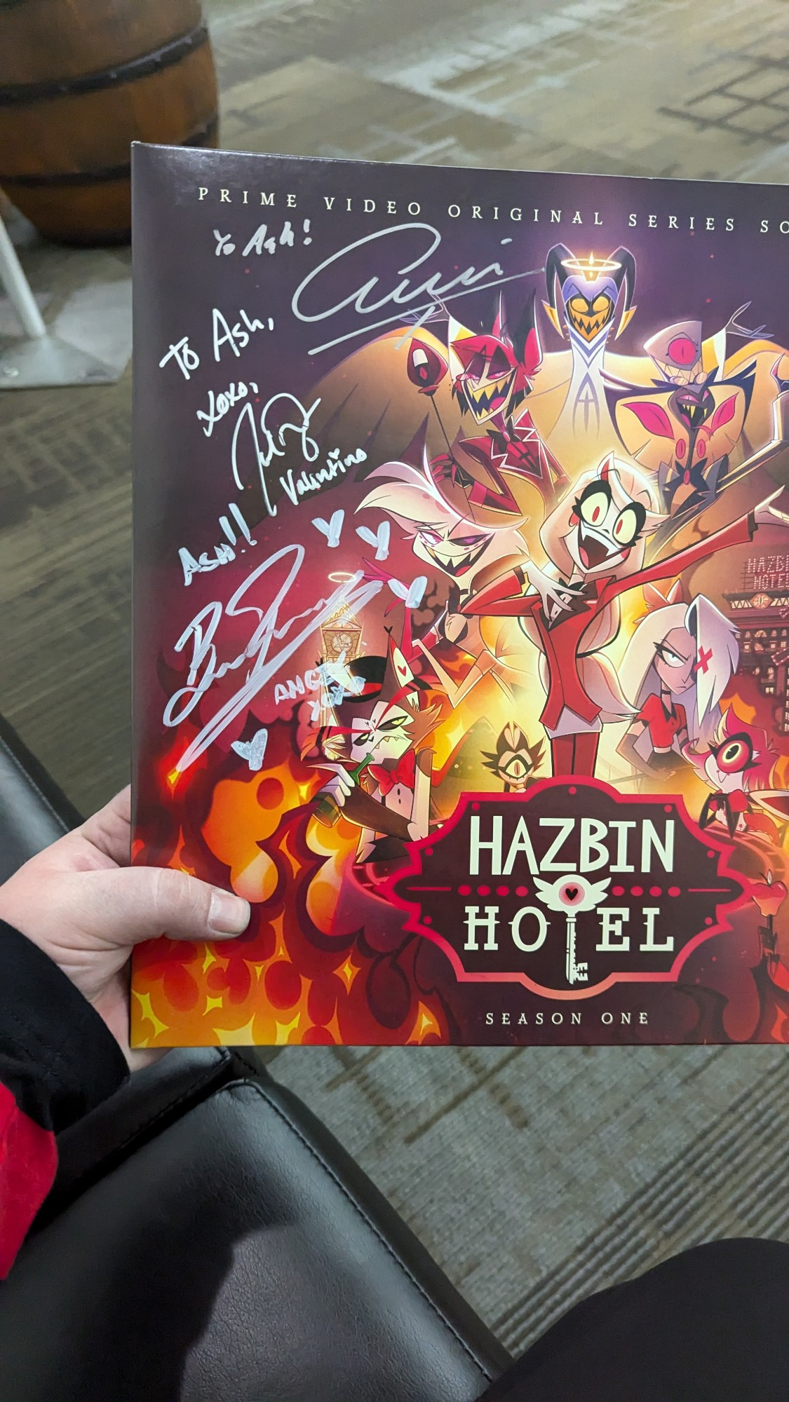 Vinyl copy of the Hazbin Hotel season 1 soundtrack signed by Amir Talai, Joel Perez, and Blake Roman 