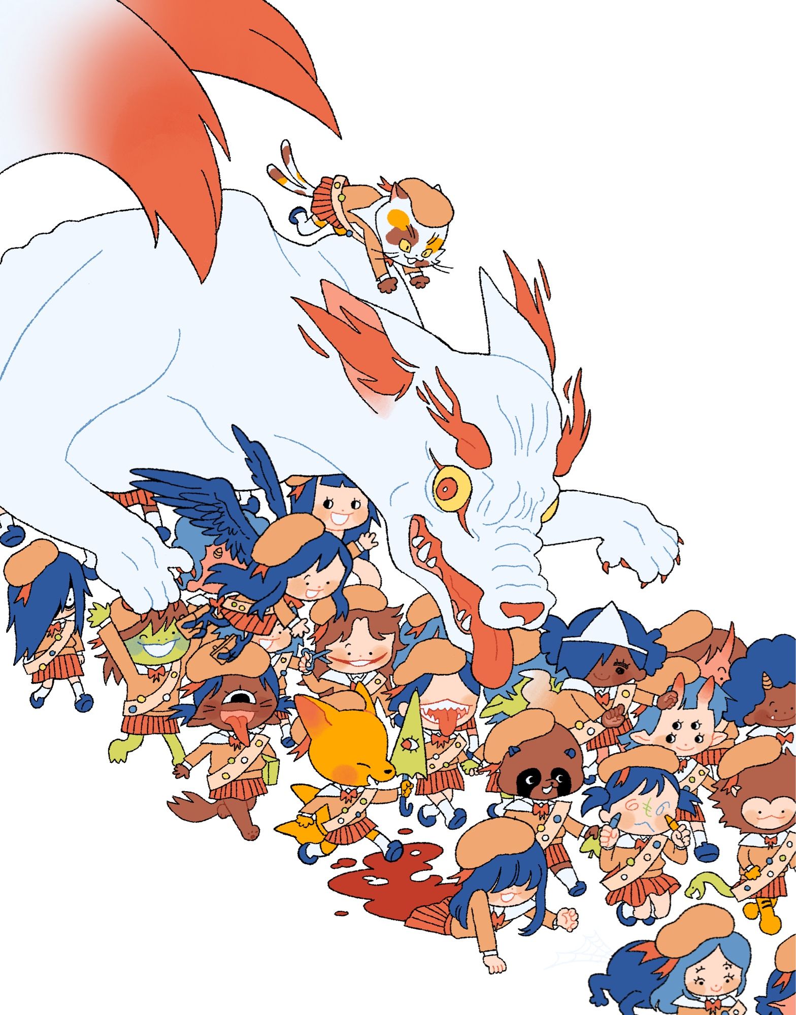 Drawing of a parade of girl scouts, each being a different type of yokai. There is a kitsune, a faceless ghost, teke teke, a tengu, a tanuki, a kappa, sadako, a nekomata, and various other demons walking in the parade. above them leaps a massive white kitsune, covering them similar to how a parade float would.