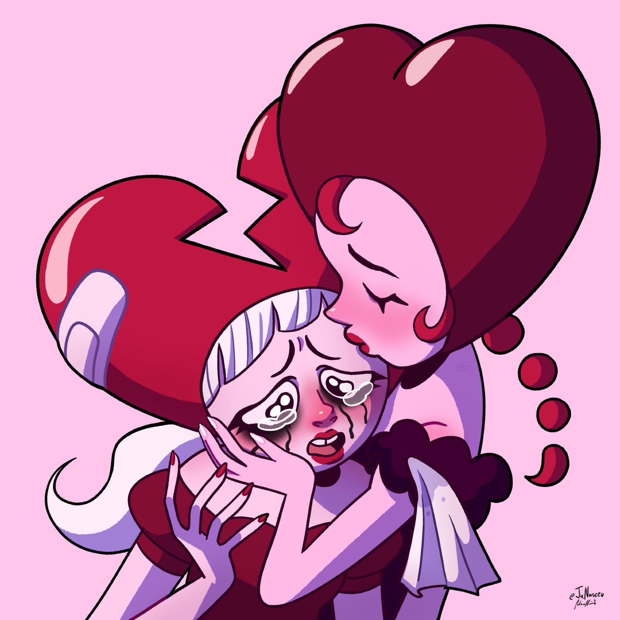 two girls in heart shaped helmets are hugging. The blonde one is crying over her broken heart (figuratively and literally, as her helmet is broken) while the redhaired one kisses her forehead, consoling her.