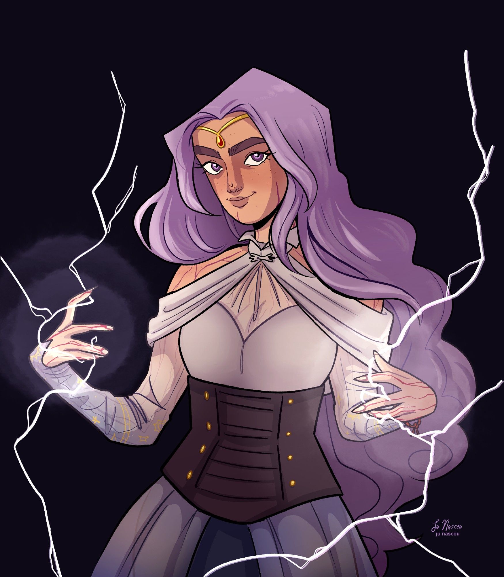 fanart of Critical Role's Imogen Temult, who is a sorcerer with lilac long hair, purple eyes, wearing flowy sheer clothing and showing her lightning powers.