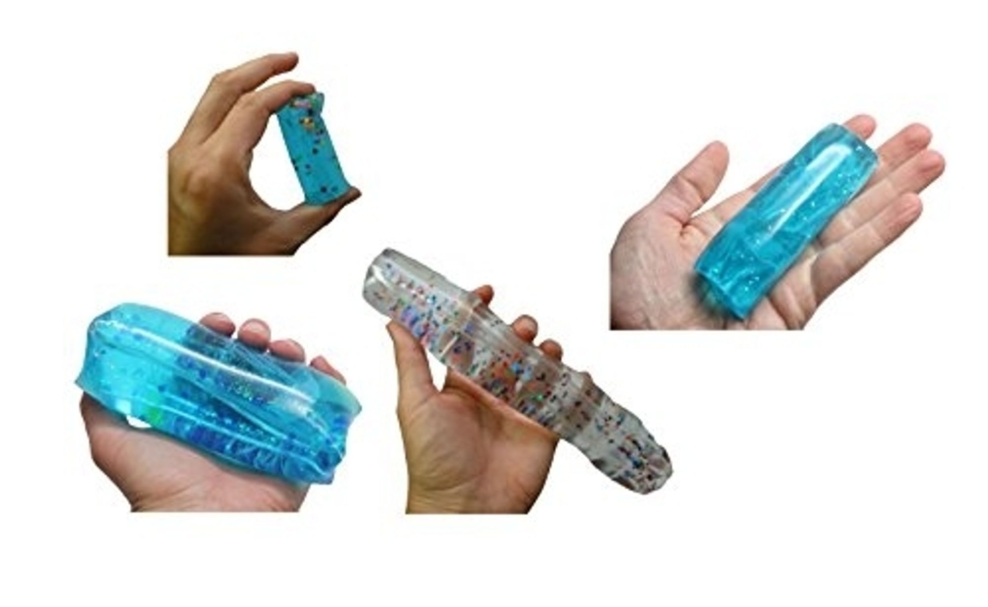 A selection of water-filled (or perhaps slime-filled) plastic tube toys from when I was a bern. There was a hole running through the middle like a Chinese finger trap, which encouraged absent-minded finger-fucking of the toys. The water inside contained glitter and/or plastic shapes.