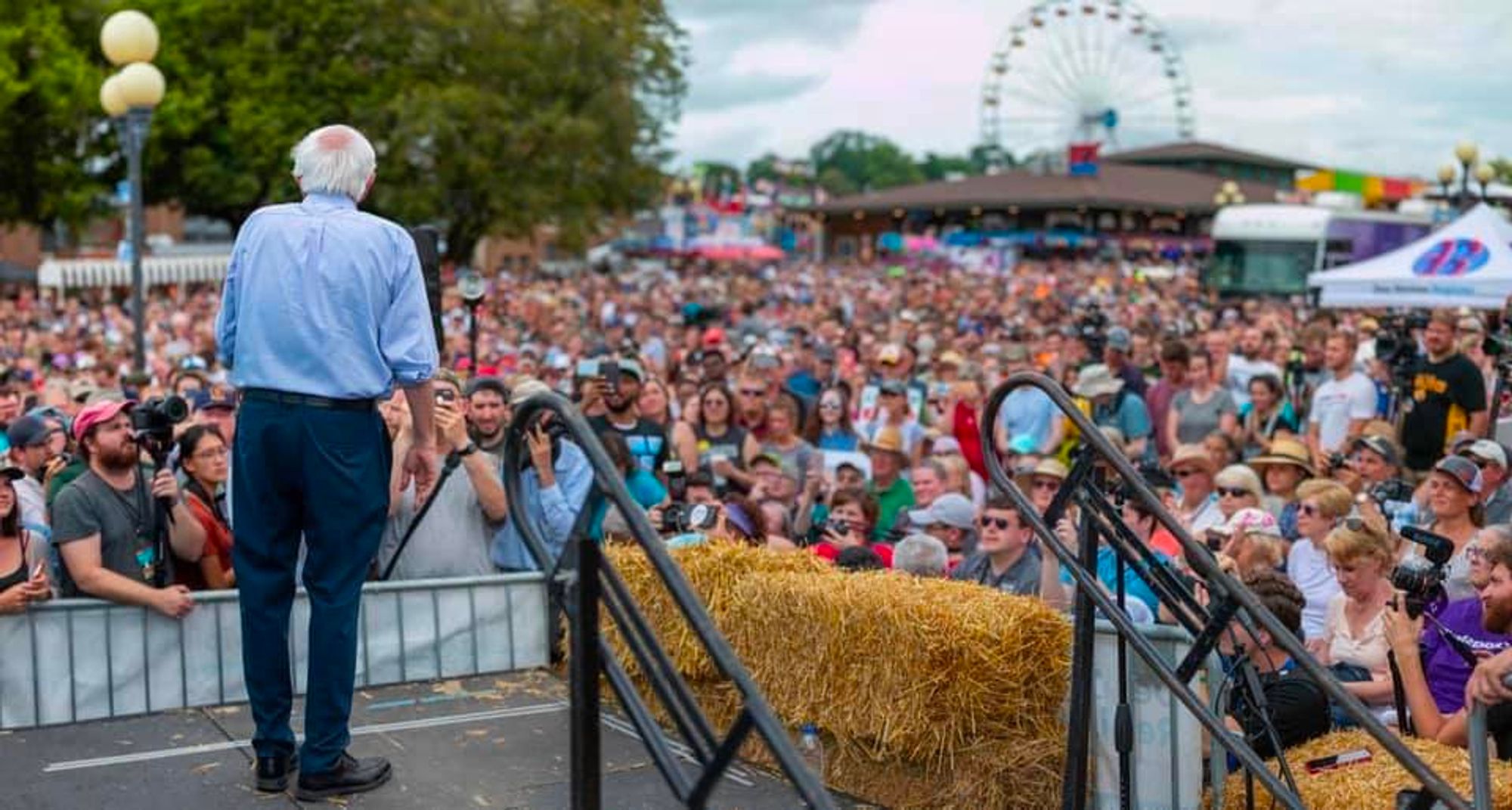 Senator Bernie Sanders giving a heartfelt stump speech in front of a crowd of thousands of people at the Iowa State Fair. August 11, 2019.