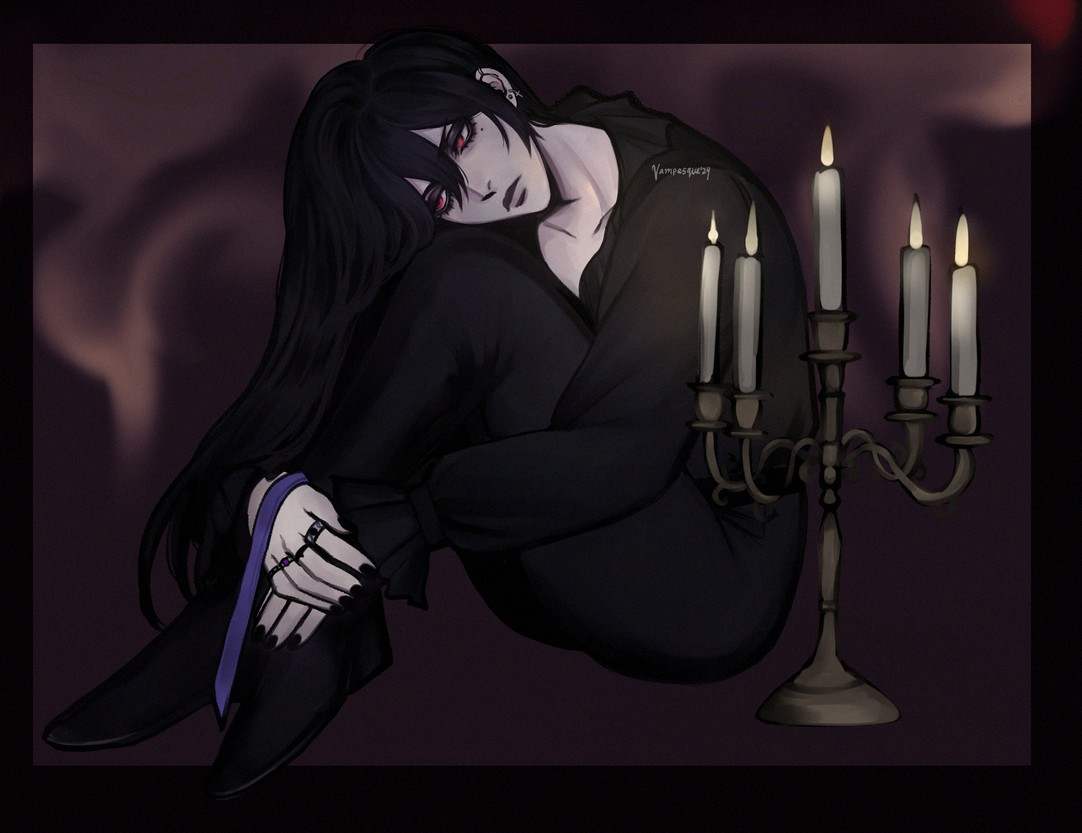 Lucien sitting broodingly next to some candles. He is holding the ribbon he usually ties his hair in a ponytail with.