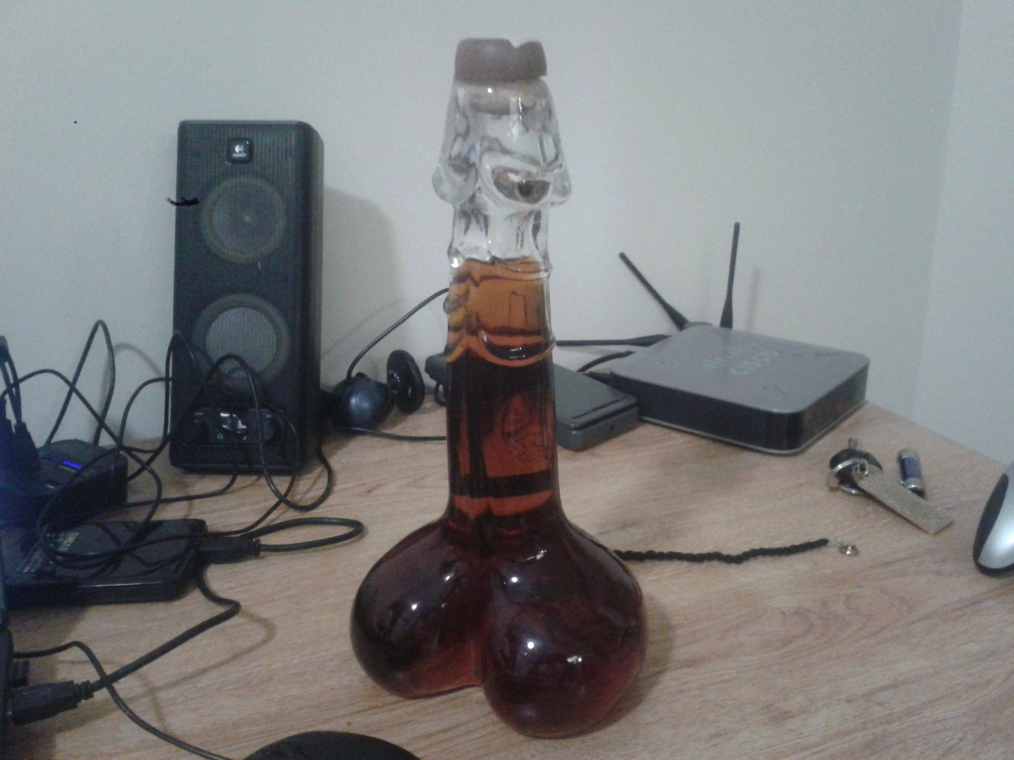 penis shaped bottle of amaretto, feb 2015 (object appears in upper left quadrant)