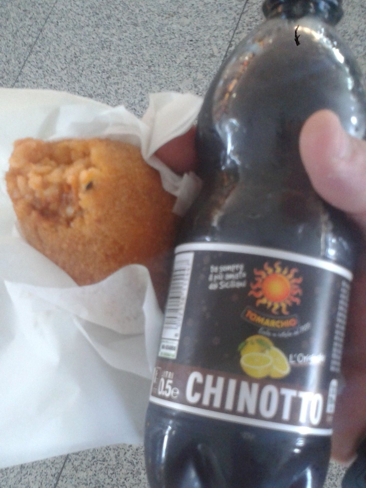 a delicious arancini and a bottle of chinotto, august 2016 (object in upper right quadrant)