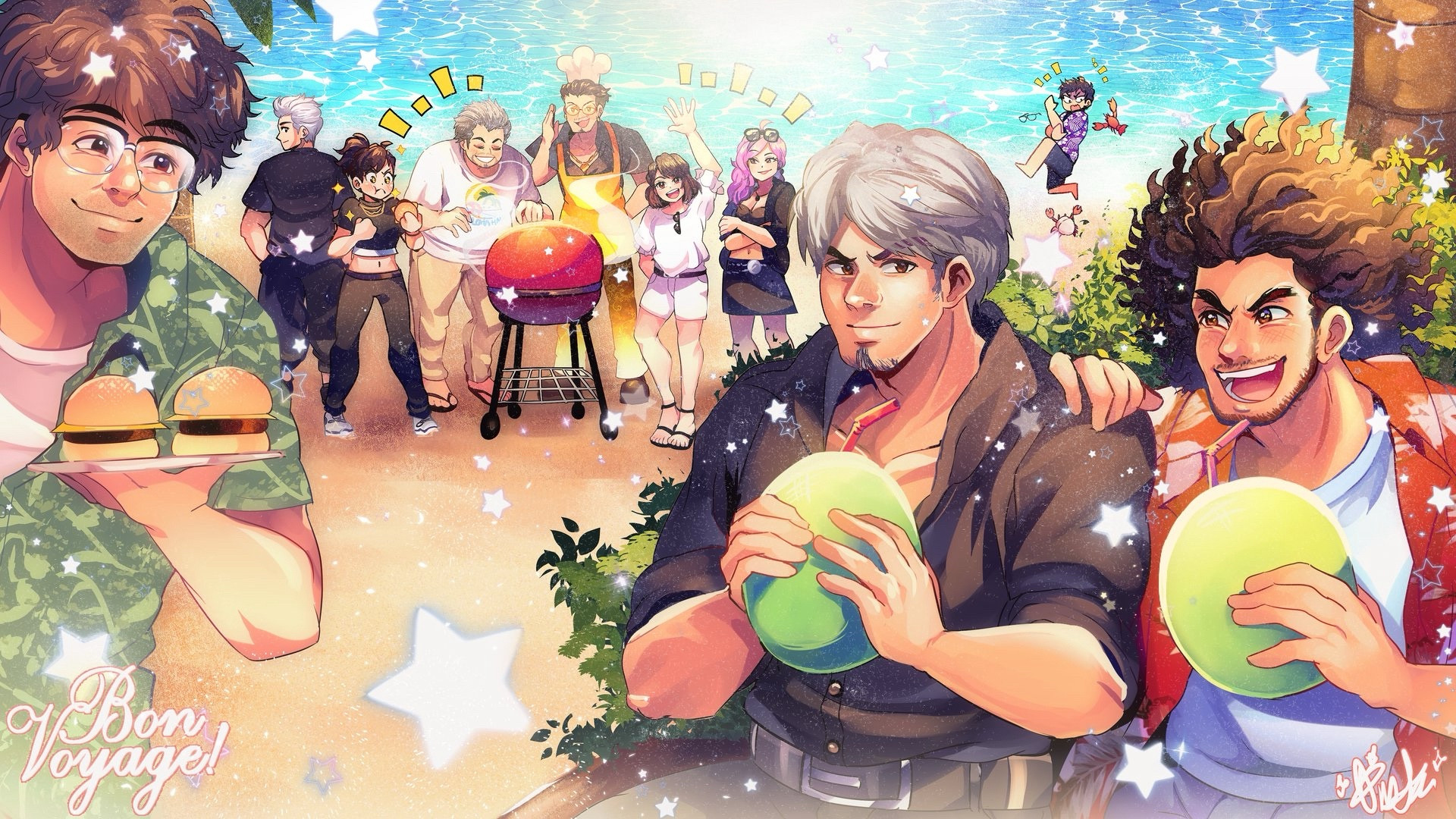 A group photo of the Yakuza / Like a Dragon: Infinite Wealth cast having a nice beach vacation, commissioned by SEGA!