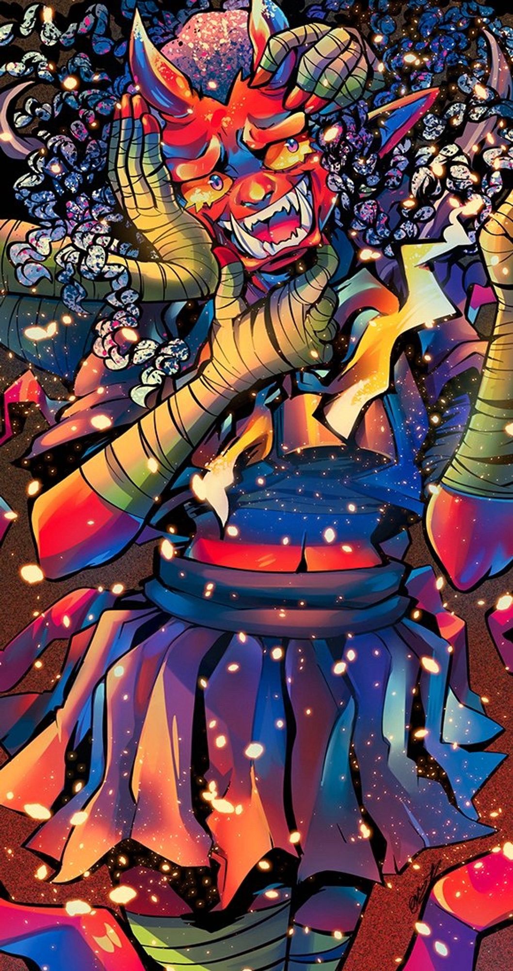 A Black-coded Oni girl with four arms, smiling sadistically in a fiery atmosphere.