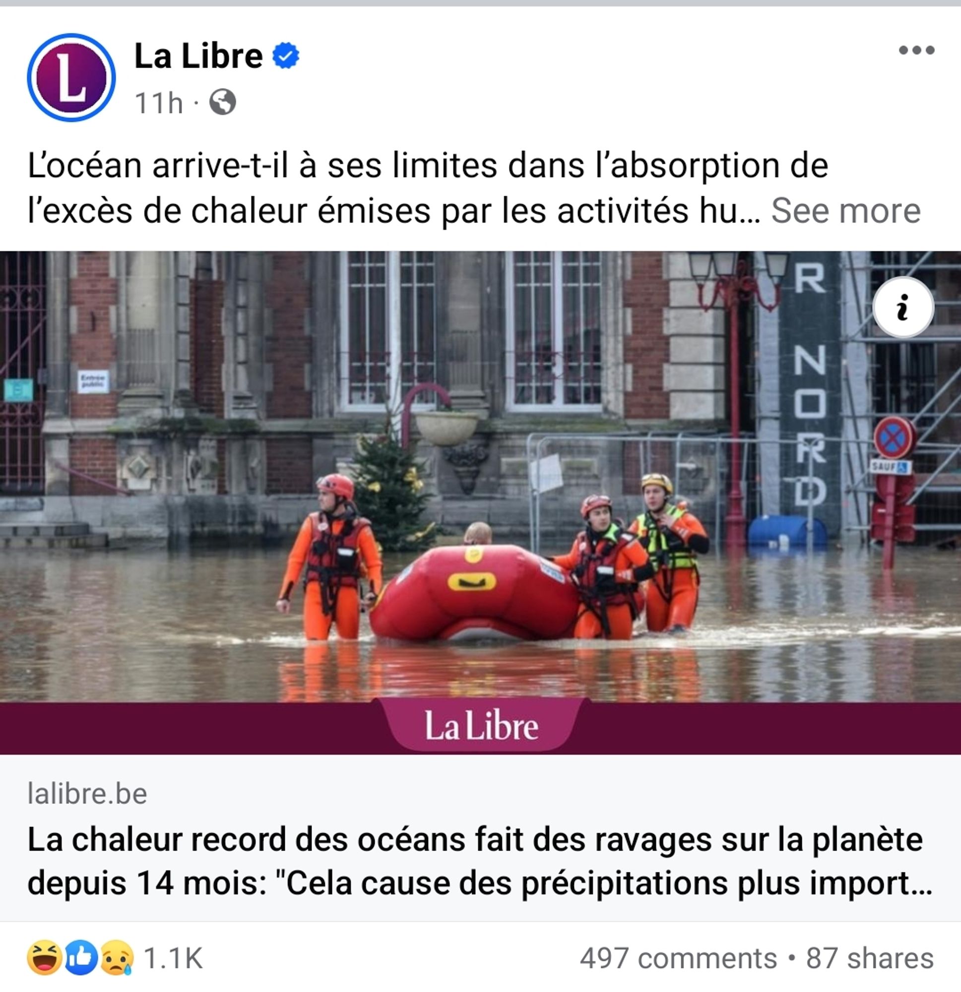 Screen d'un article de La Libre sur Facebook.
"L'océan arrive-t-il à ses limites dans l'absorption de l'excès de chaleur émises par les activités humaines [...]"