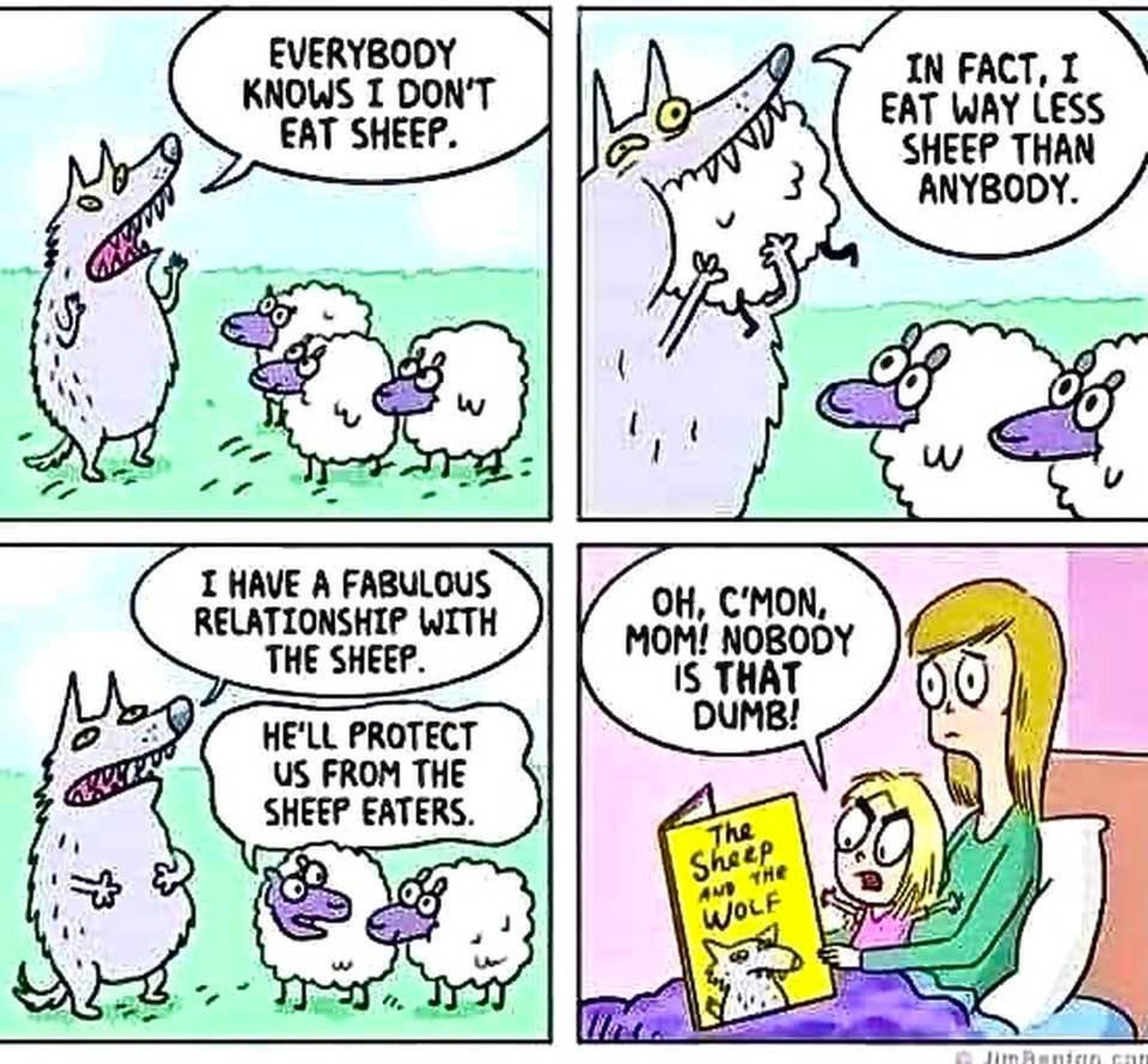 Cartoon where a sheep eating wolf offers to protect the sheep.  