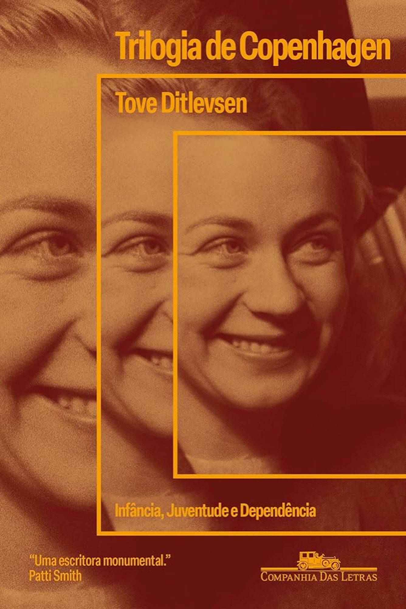 capa do livro "trilogia de copenhagen", da editora companhia das letras. mostra um retrato de uma mulher sorrindo, com filtro sépia, e a foto está repetida e sobreposta 3 vezes