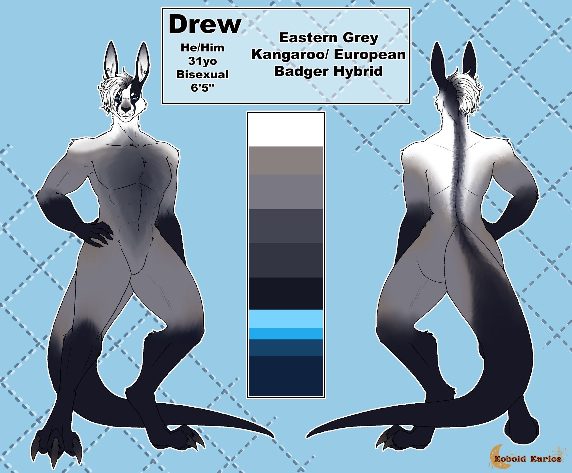 Drew The Badgeroo's reference sheet

Text: "He/Him, 31 years old, bisexual, 6 foot 5, Eastern Grey kangaroo and European badger hybrid"