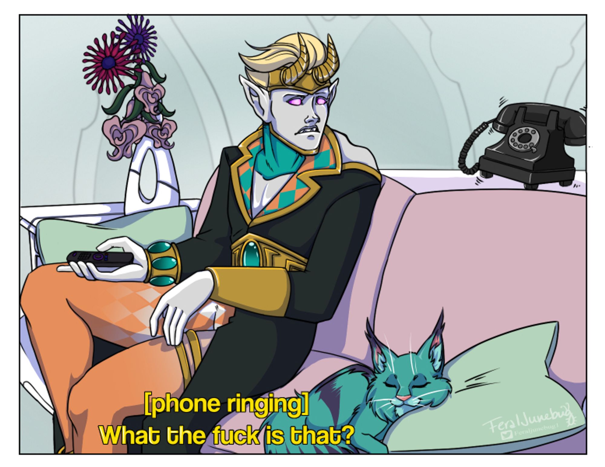 A drawn picture depicting an Eldar Solitaire sitting on a sofa with a blue-green gyrinx snoozing on a pillow and a rotary phone ringing behind him. Beneath the picture is a caption that reads "phone ringing" and "what the fuck is that?"