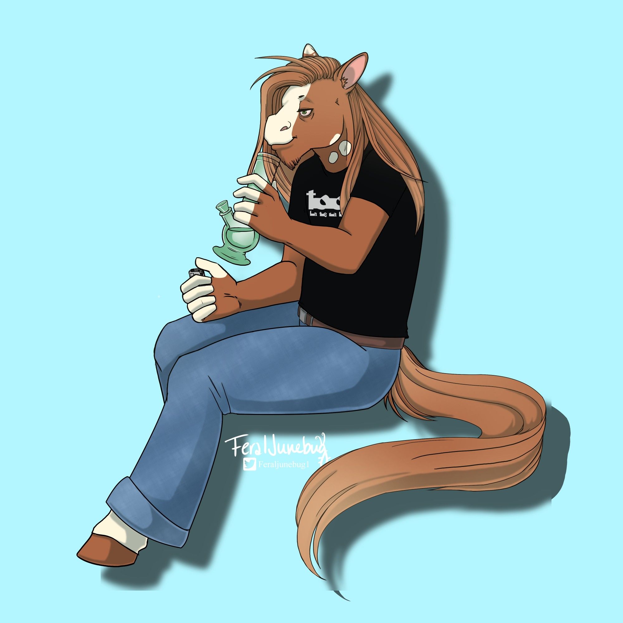 An anthro horse, masculine presenting, with long mane and tail, holding a green bong and a lighter. He wears a black shirt with "tool" written across the front and a pair of bluejeans with a belt.