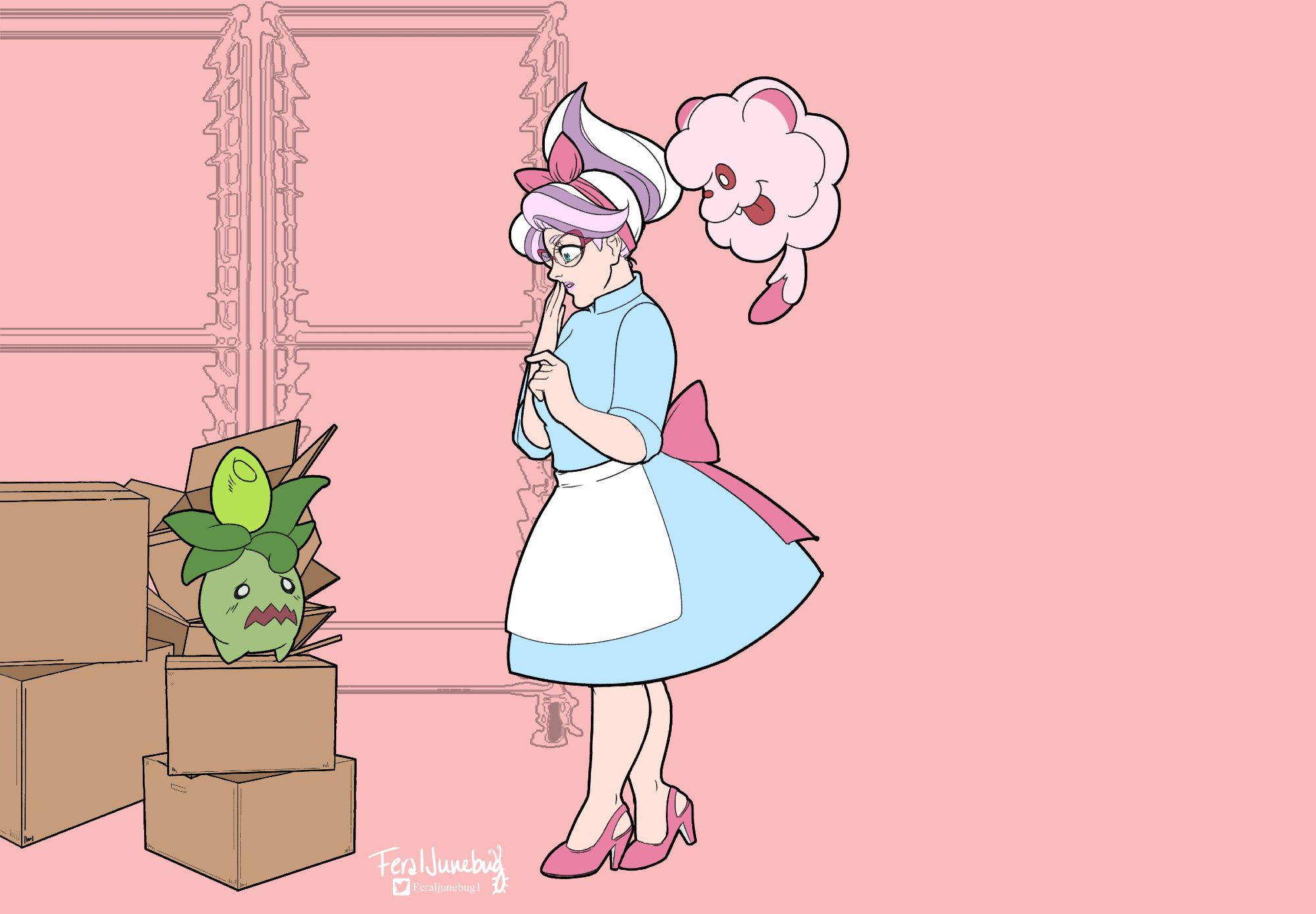 A small green smoliv (Pokemon) perched on a couple of boxes with a concerned expression looking up at a shocked baker woman in a 1950s style A-line dress, apron and kitten heels, with her hair pulled up to resemble whipped cream. Behind her floats a relaxed looking pink swirlix (Pokemon) 