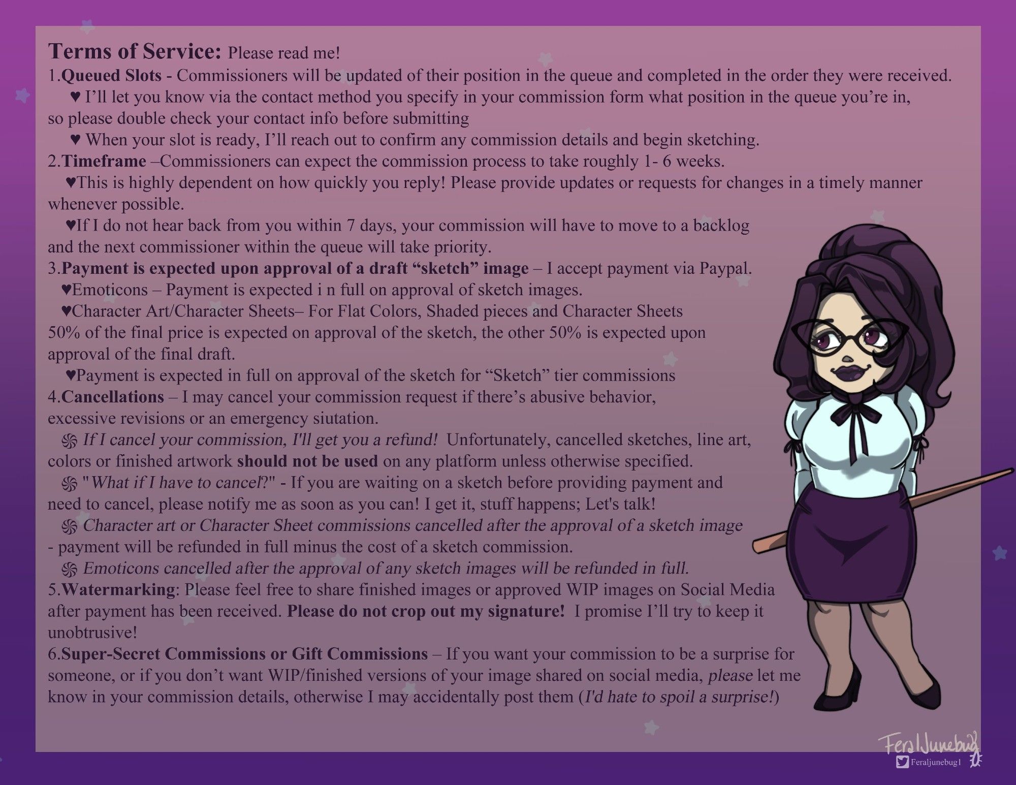 Terms of Service document describing the expectations of artist Feraljunebug including queued slots, timeframe, payment expectations, cancellations, watermarking, and gift commissions. 