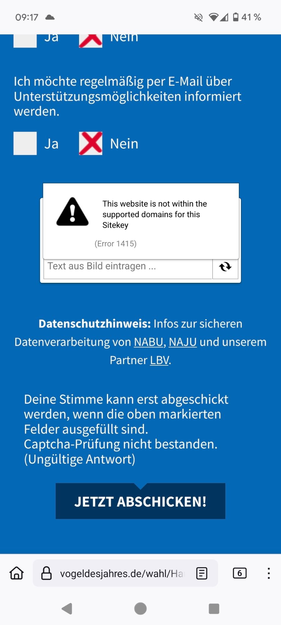 Screenshot der Nabu-Abstimmung, wo mir das abschicken meiner Wahl verwehrt wird, weil captcha ausgefüllt werden muss, aber captcha konnte leider nicht eingebettet werden, weil die Domain nicht unterstützt wird.