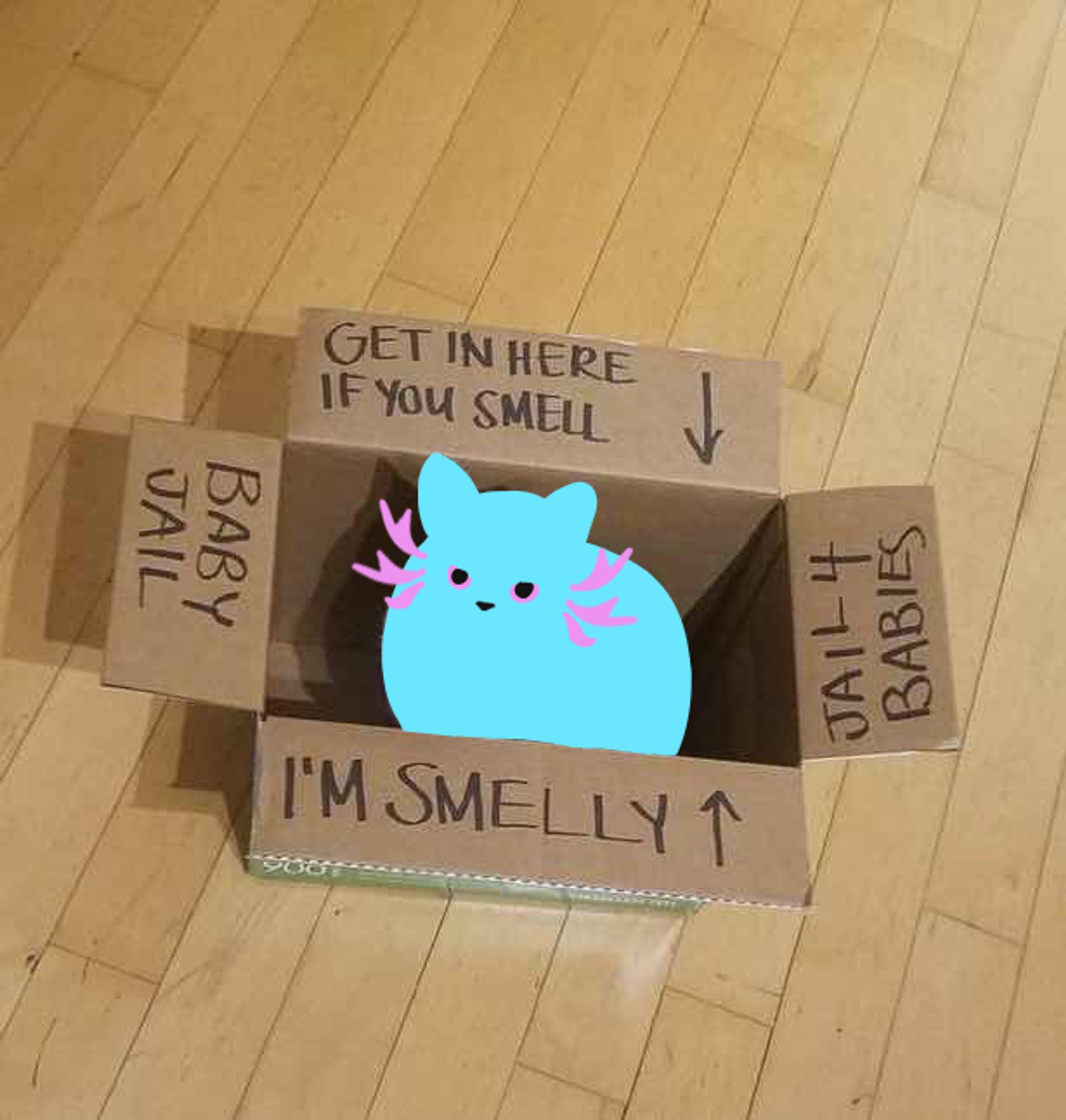 rivulet from rain world traced over a picture of a cat sitting in a paperbox. The box has text written on it: "BABY JAIL, GET IN HERE IF YOU SMELL, I'M SMELLY, JAIL 4 BABIES", with arrows pointing from the text to the hole in the box