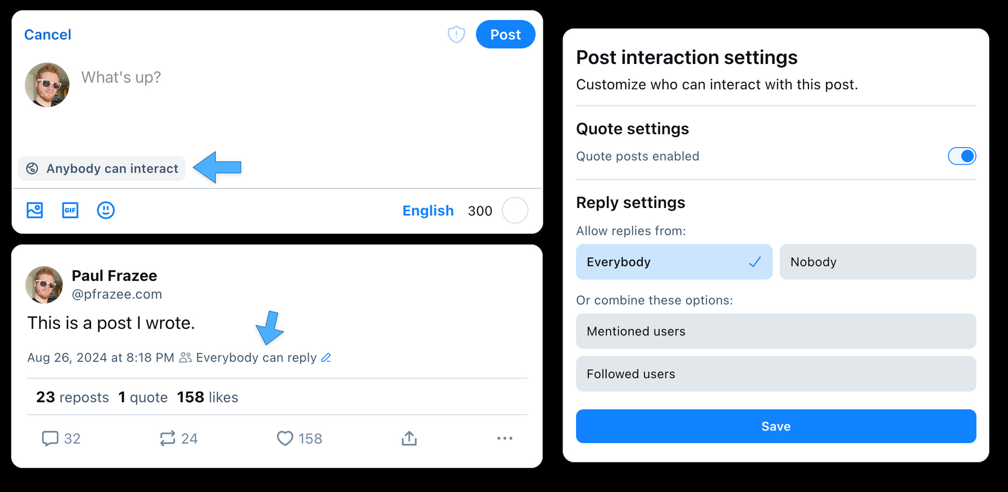 A screenshot of the post composer with an arrow pointing at “Anybody can interact.” A screenshot of a post with an arrow pointing at “Everybody can reply”. A screenshot of the post interaction settings with the “Quote posts enabled” setting toggled on.