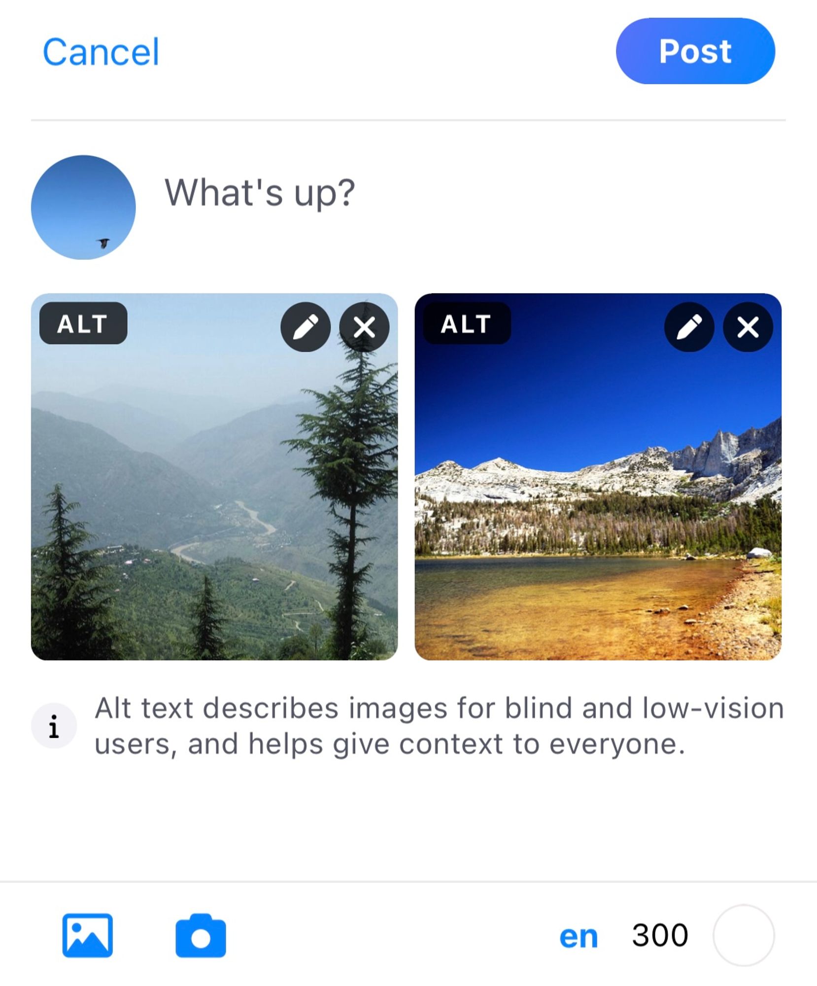 A screenshot of the post compose screen. There are two thumbnails of natural scenery, and a text field that explains the benefits of alt text: “Alt text describes images for blind and low-vision users, and helps give context to everyone.”