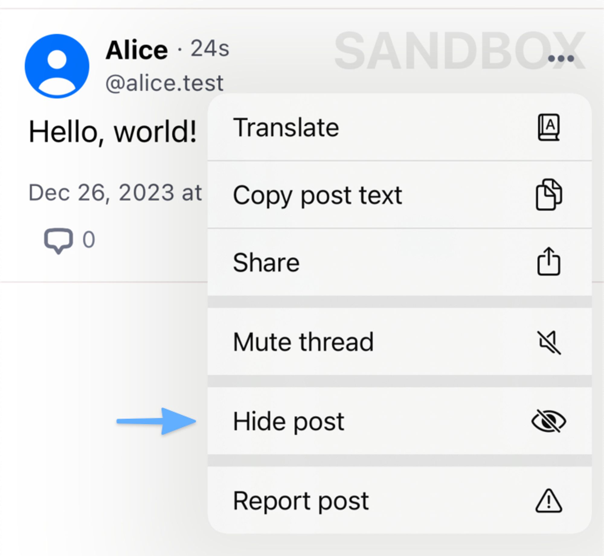 A screenshot of the post dropdown with an arrow pointing to the "Hide post" option