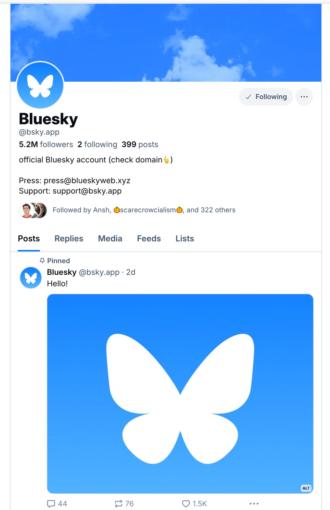 A screenshot of the bsky.app profile with the post pinned to the top of the profile.