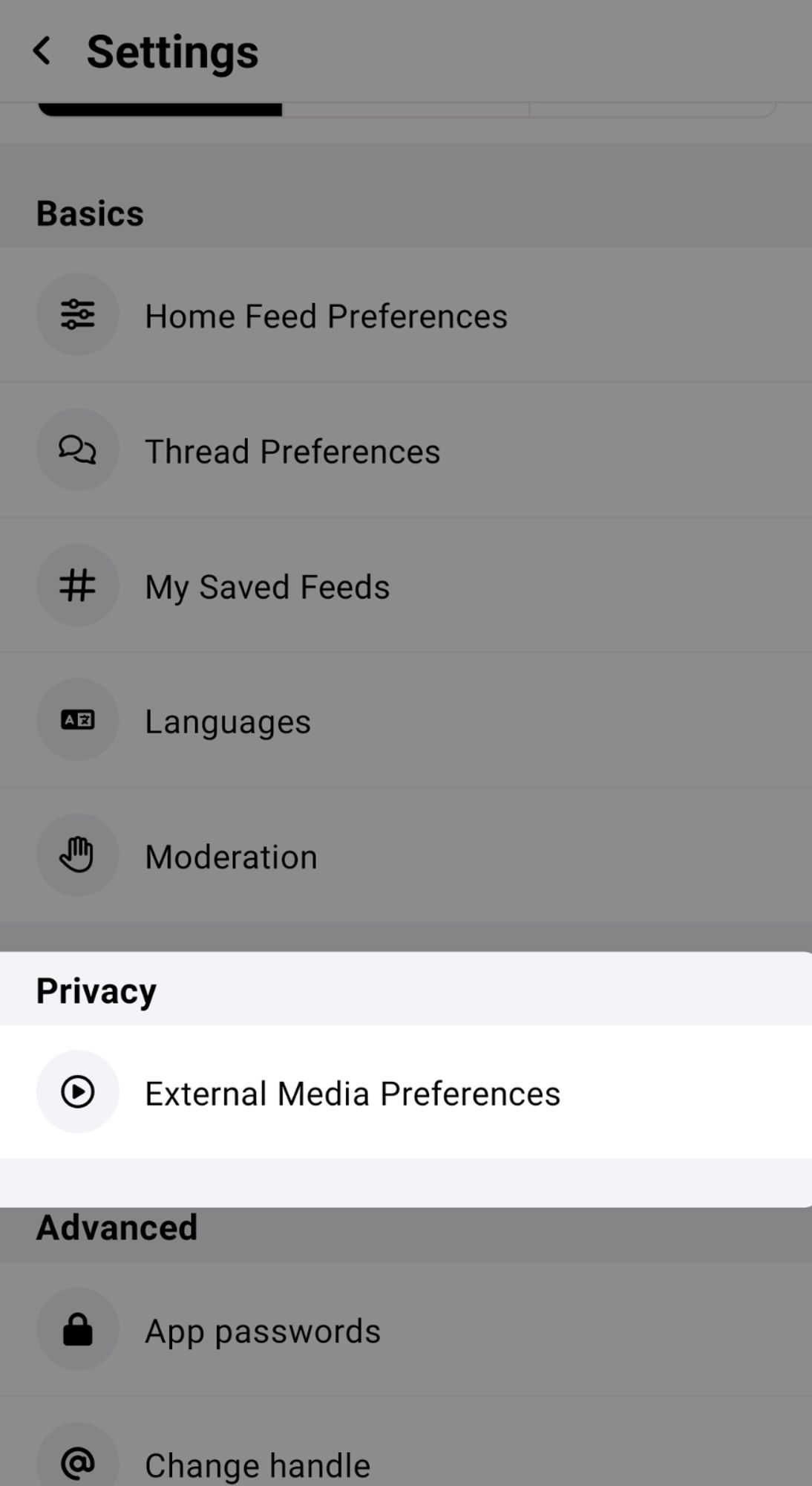 Settings screen. Privacy. External Media Preferences.